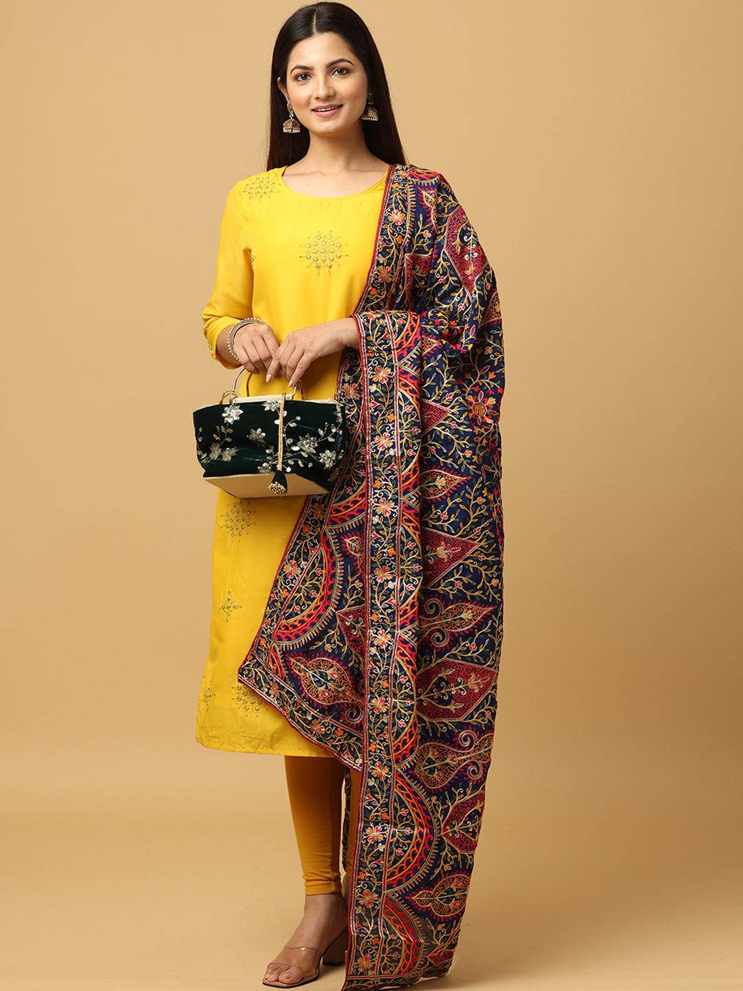 Navy Scallop Border Paisley Pashmina Dupatta