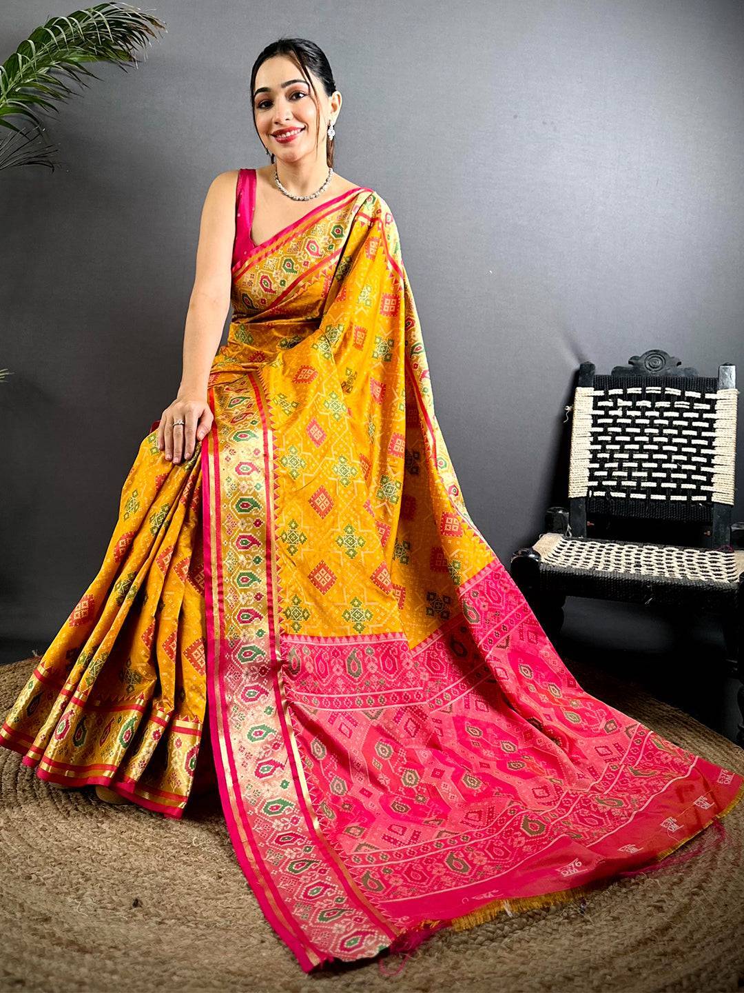 Yellow Soft Silk Saree With Patola Weaving