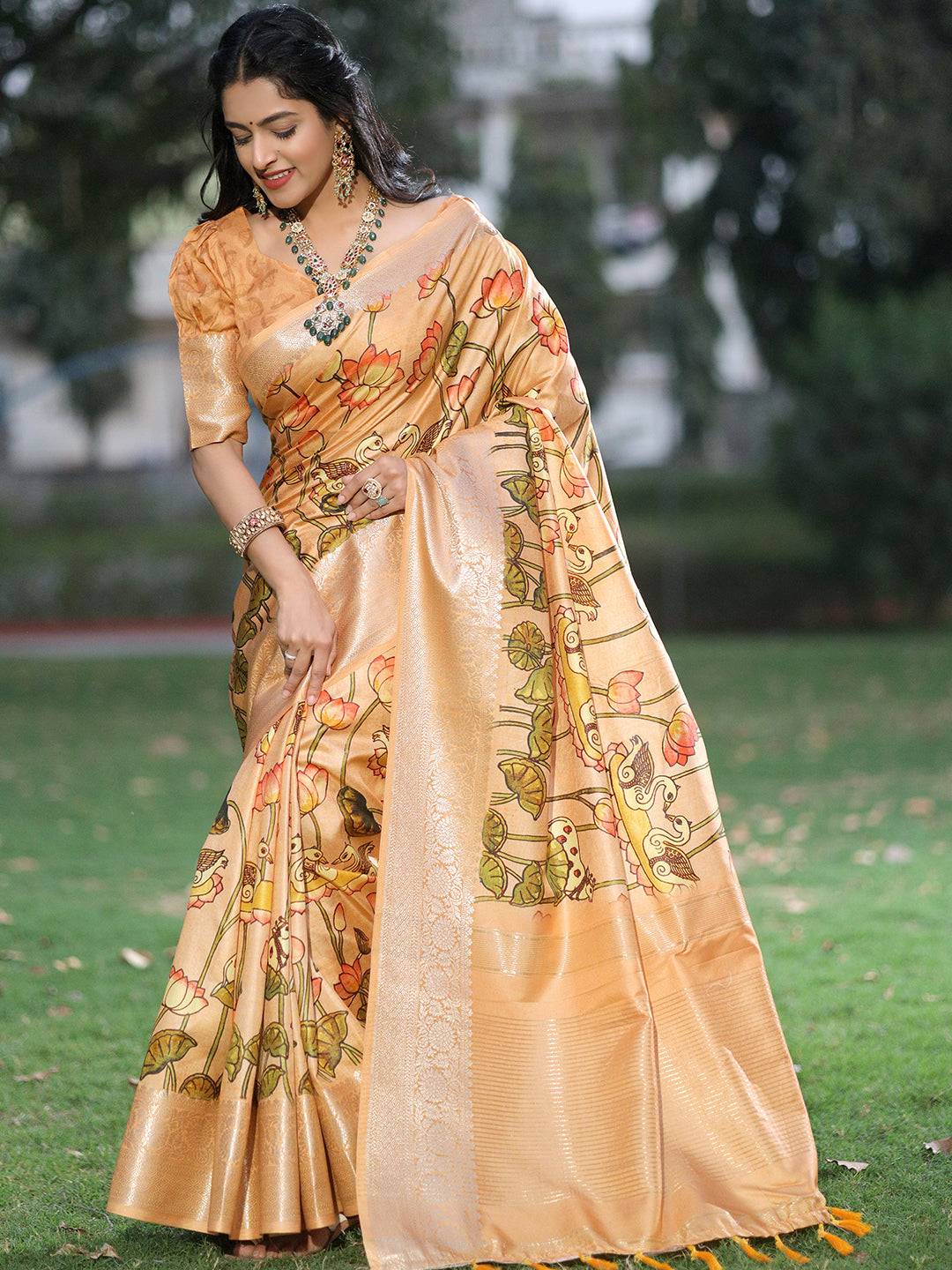 Peach Pure Viscose Dola Silk Saree With Pichwai And Mughal Print - Luxe