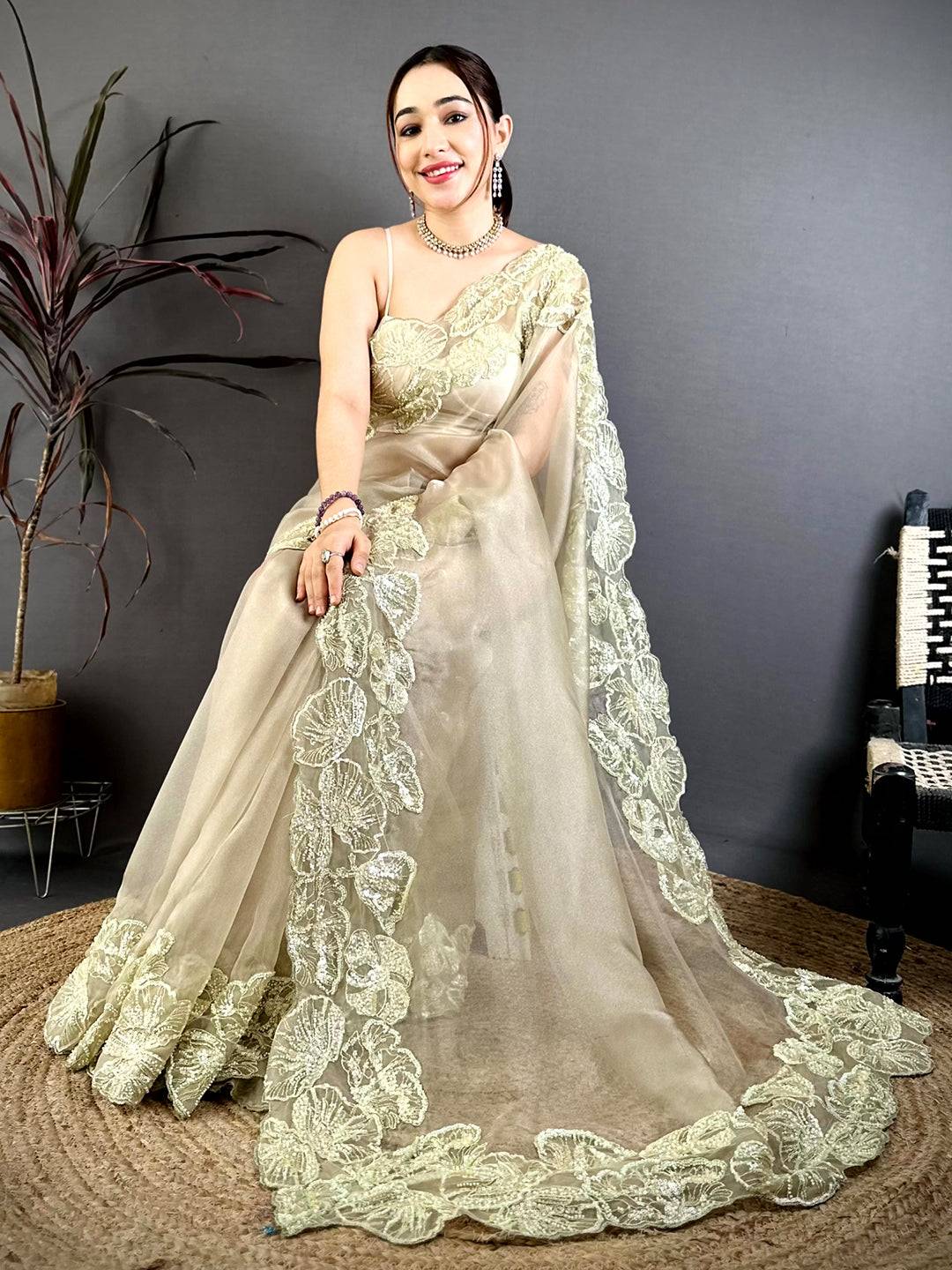 Vibrant Heavy Pearl Work Organza Saree