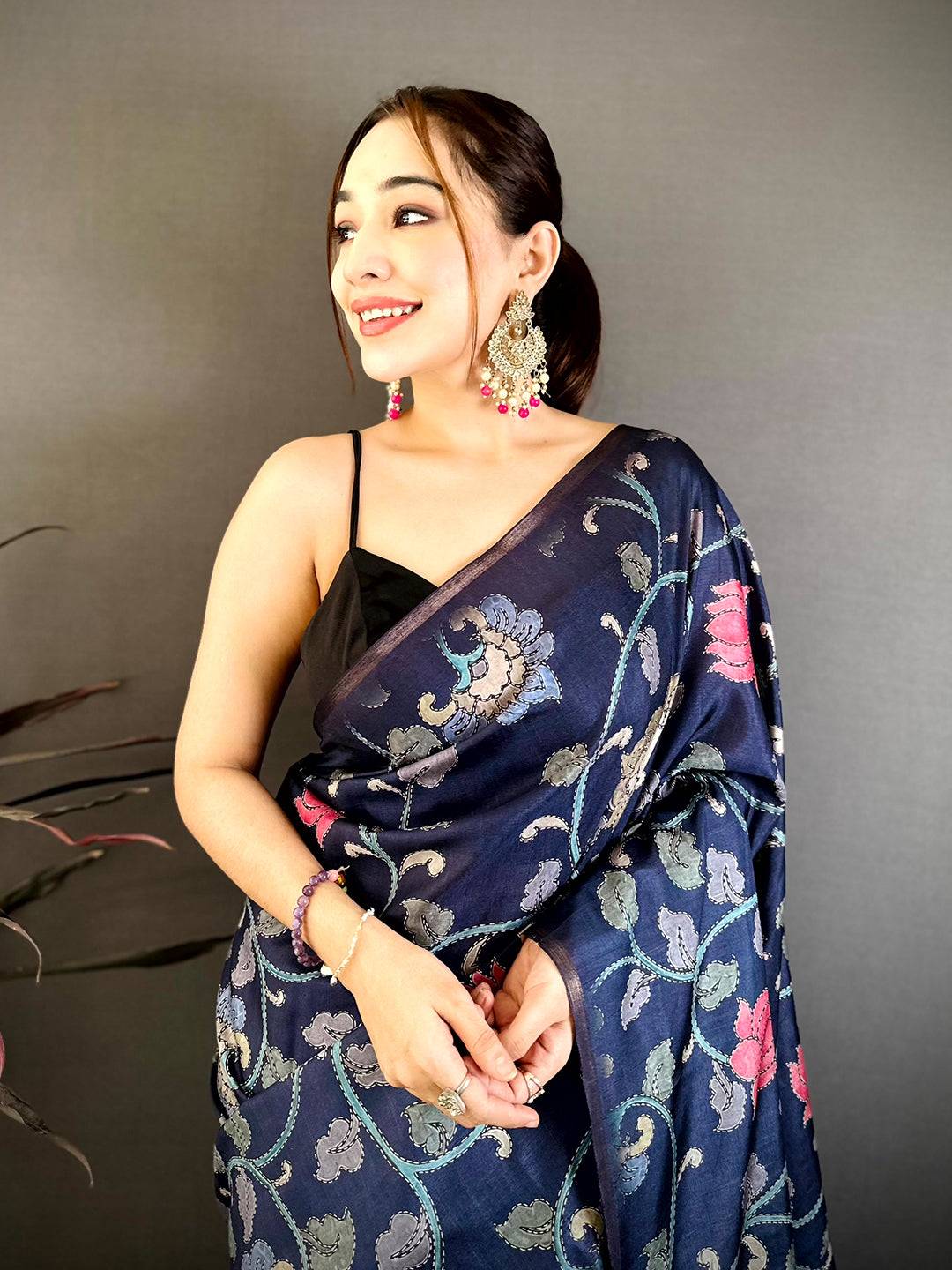 Navy Blue Kalamkari Soft Zarna Silk Saree