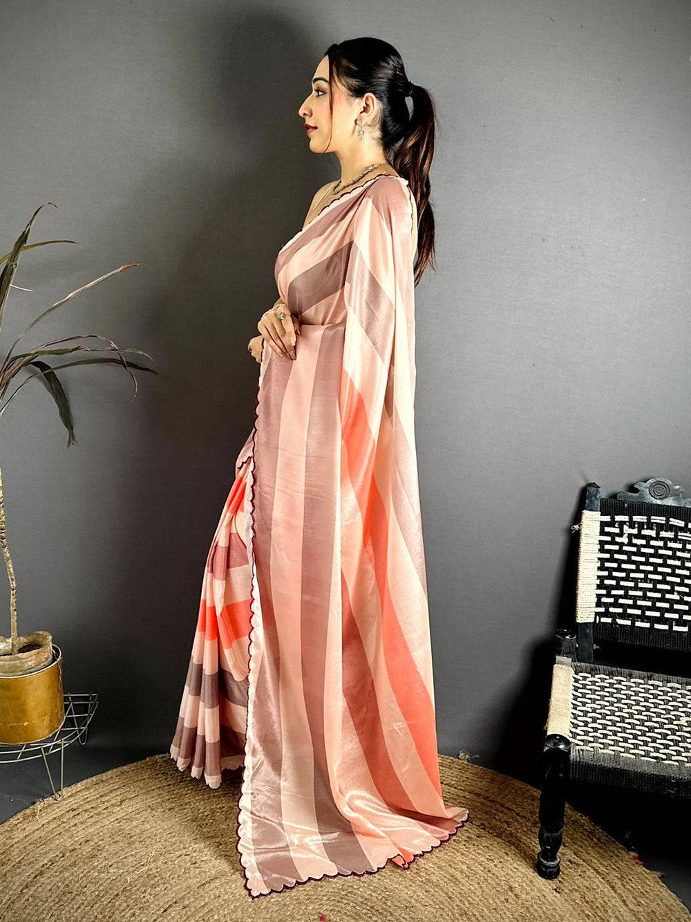 Classic Soft Chiffon Striped Cutwork Saree