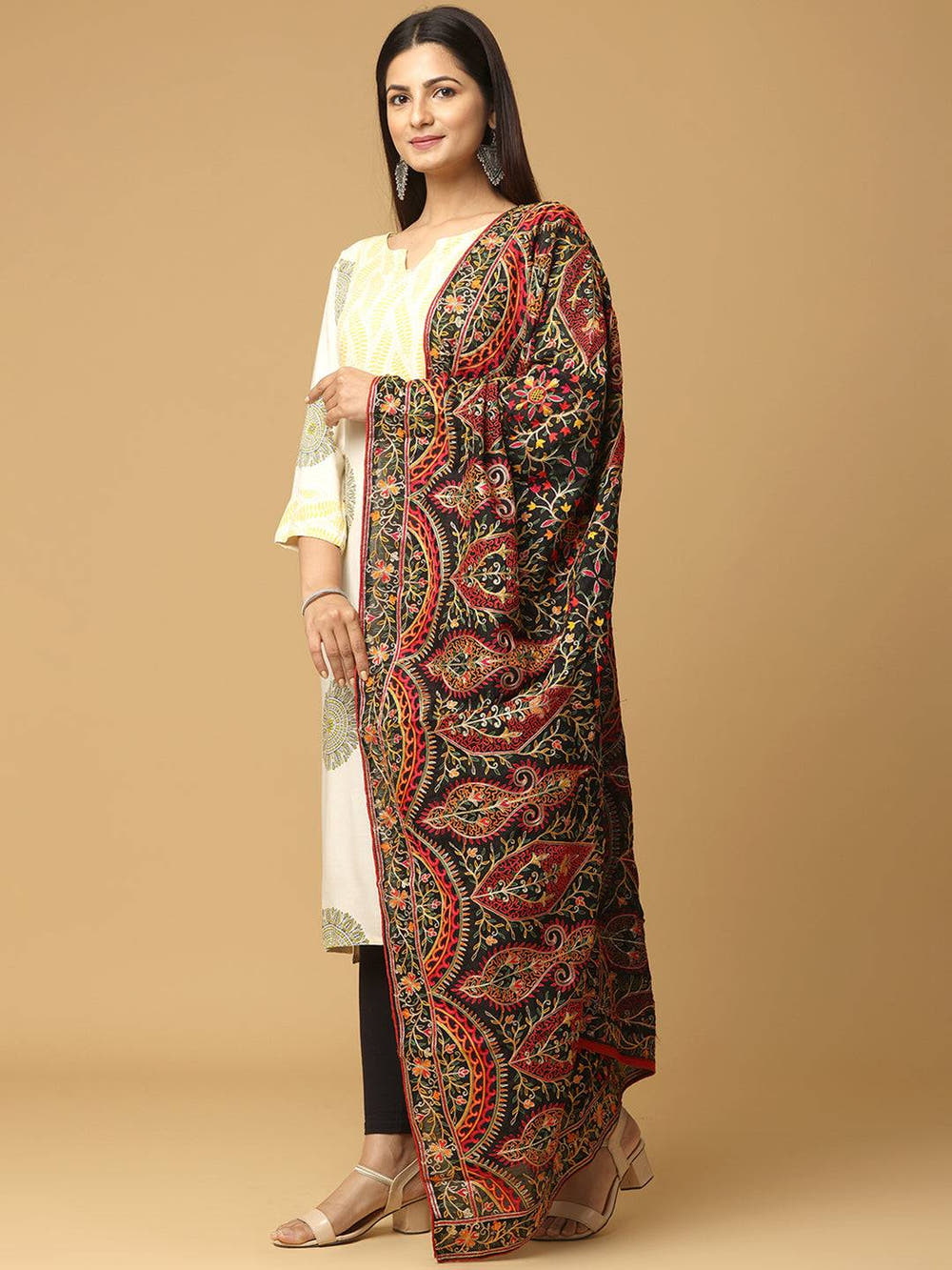 Black Olive Floral Paisley Pashmina Dupatta