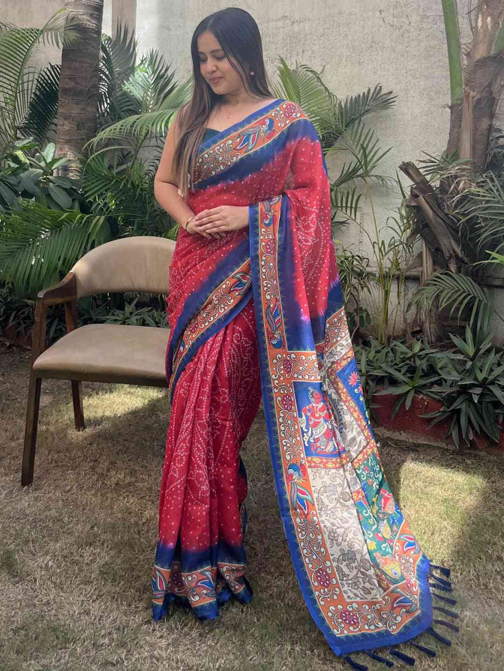 Red Colour Design Linen Saree with Bandhej and kalamkari Digital Print