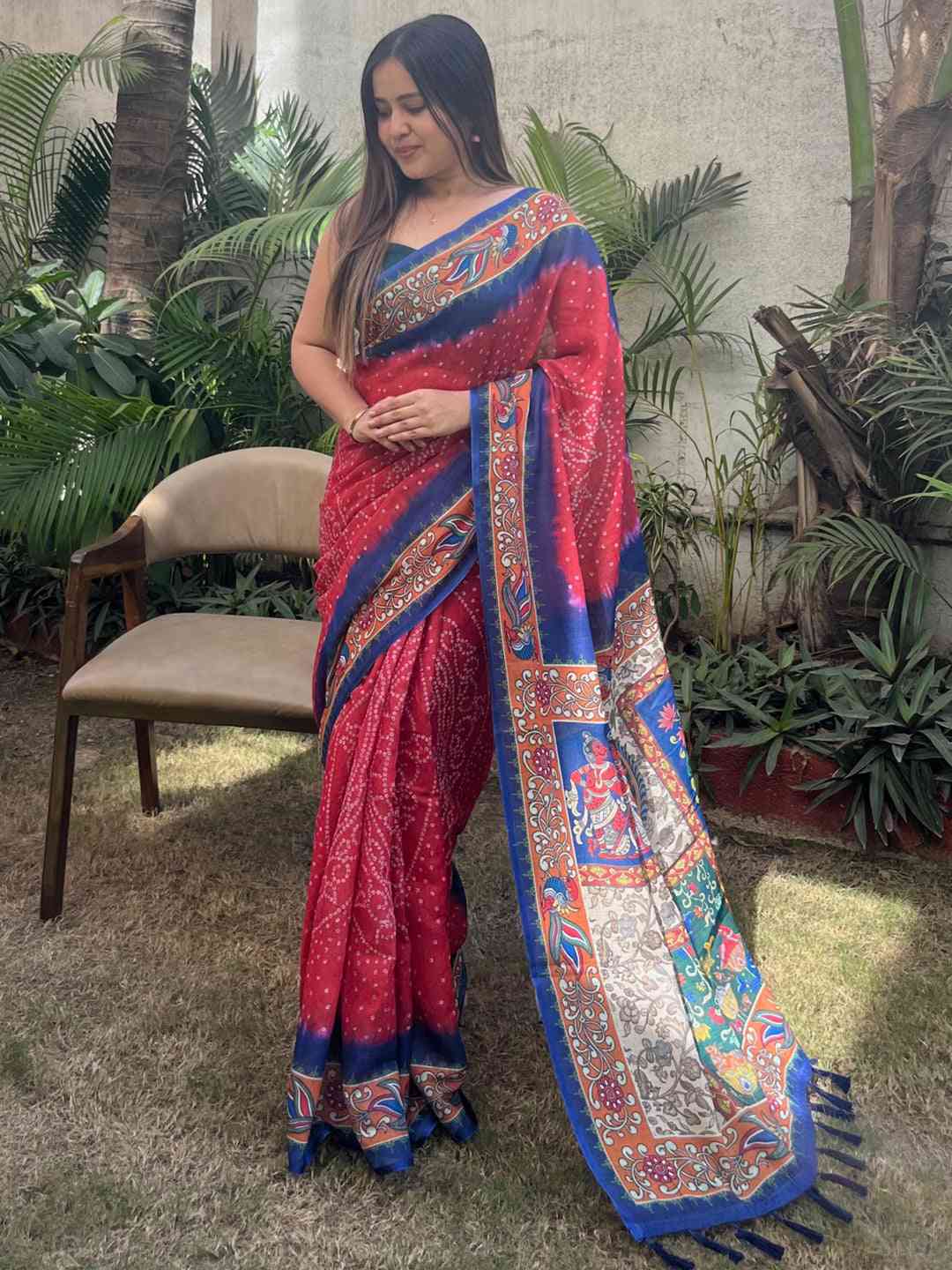 Red Colour Design Linen Saree with Bandhej and kalamkari Digital Print