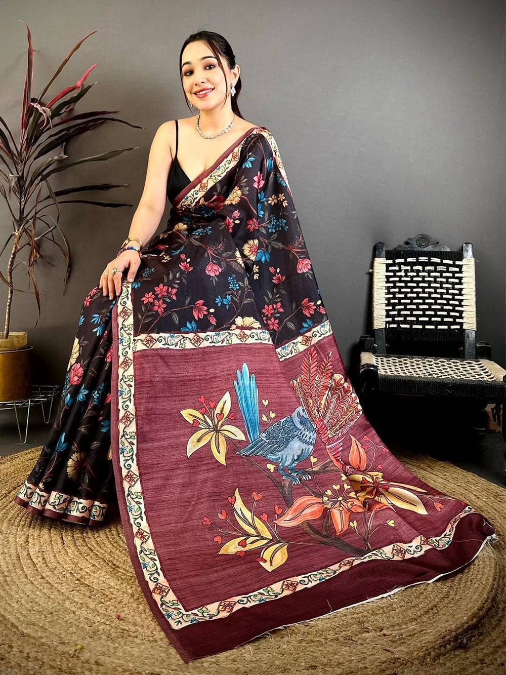 Wine Tussar Pen Kalamkari Print Saree