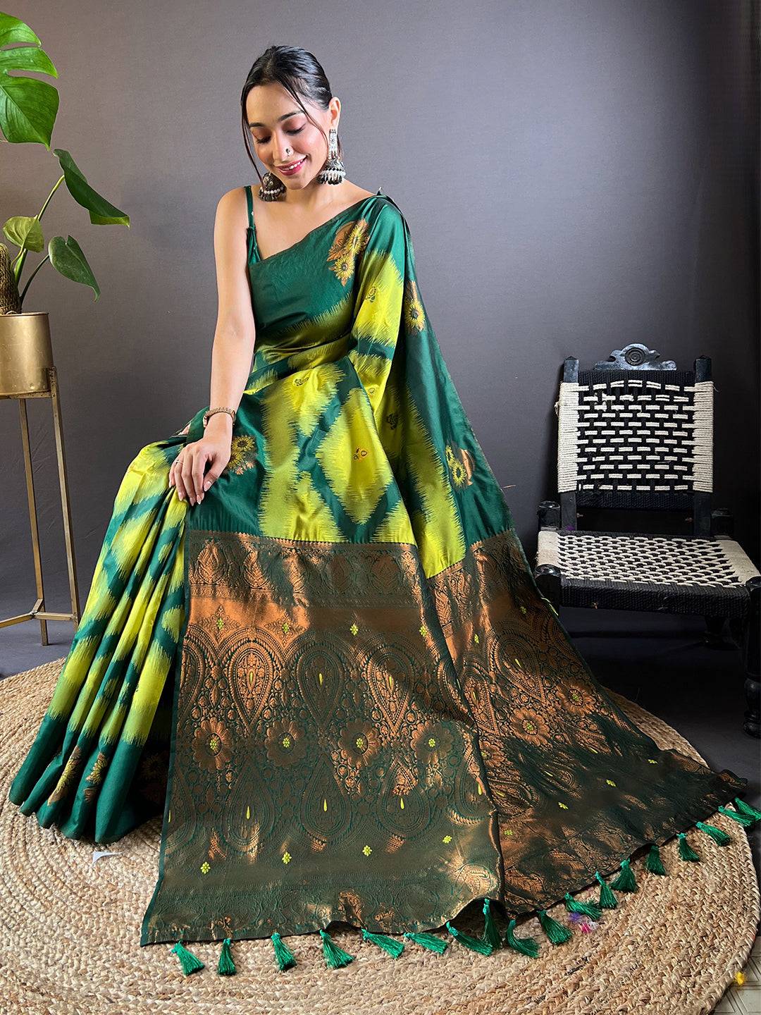 Green Tussar Silk Ikkat Weaving Saree