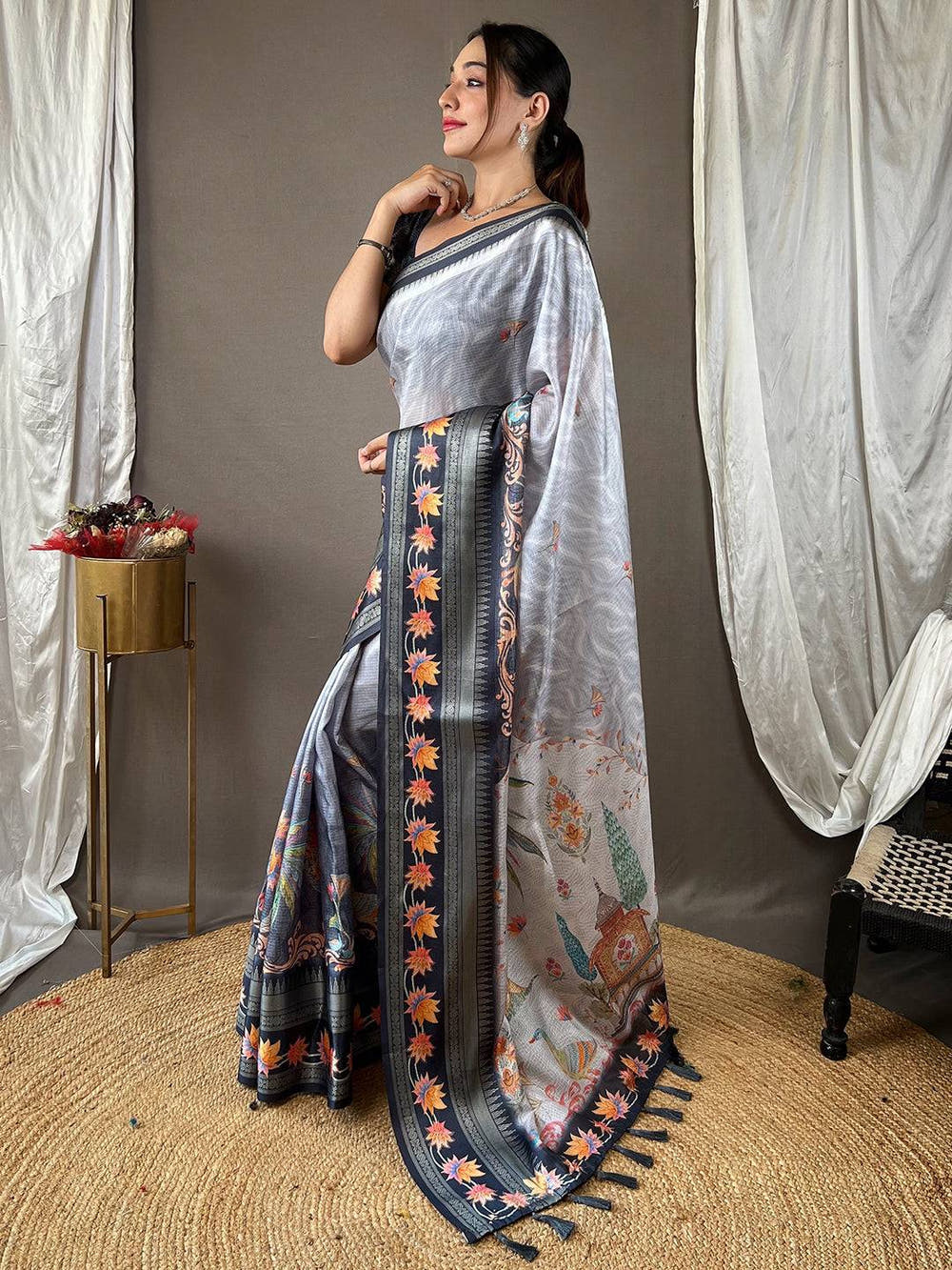 Dove Grey Kota Satin Border Saree