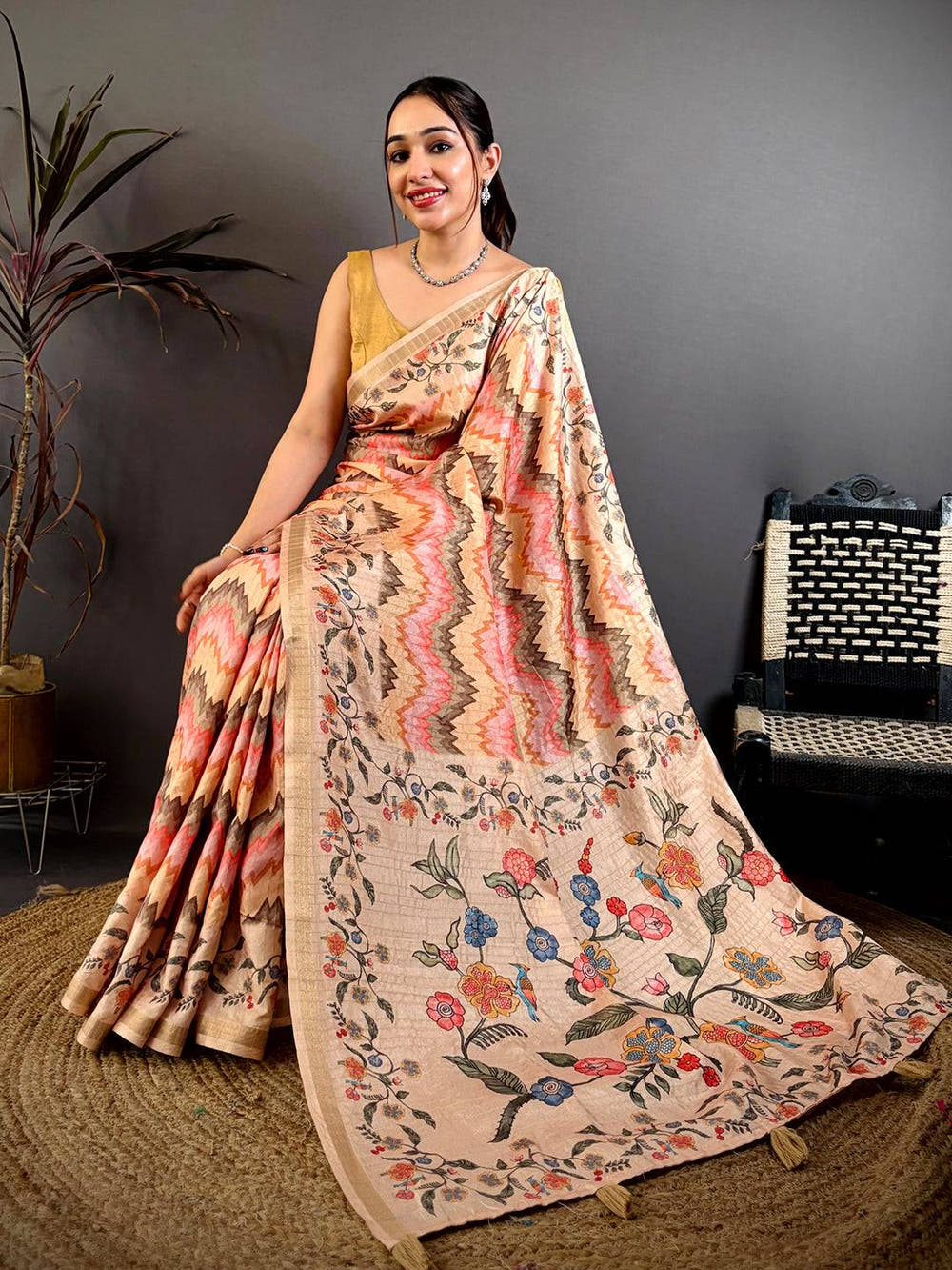 Heritage Kalamkari Ikkat Soft Tussar Saree