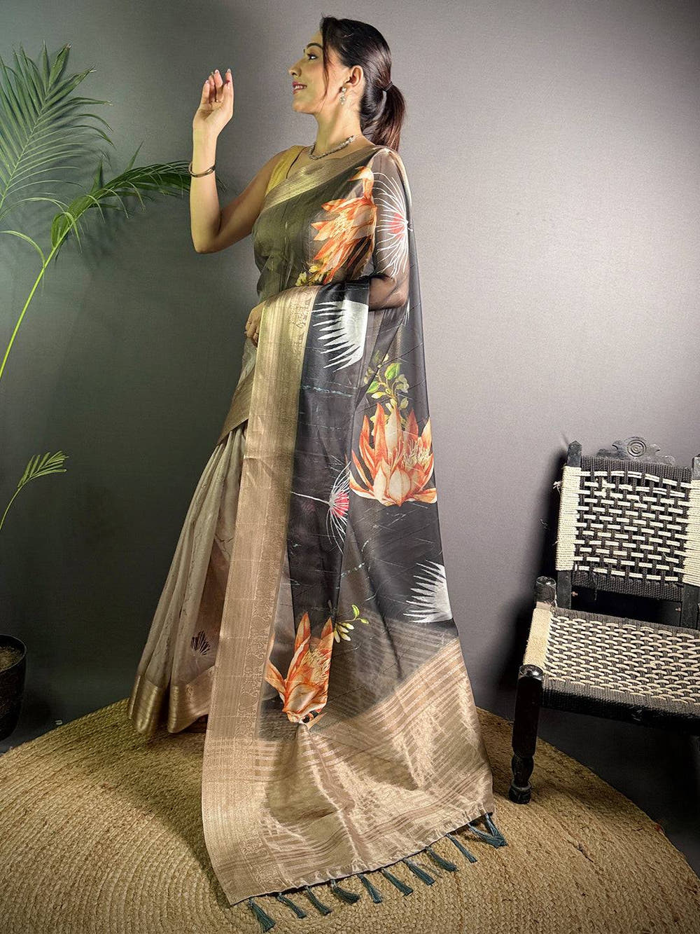 Black Soft Organza Silk Floral Saree
