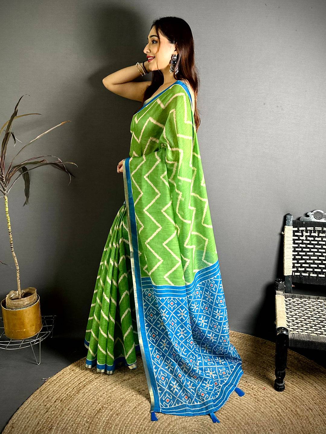 Exclusive Green Ikkat Print Linen Saree