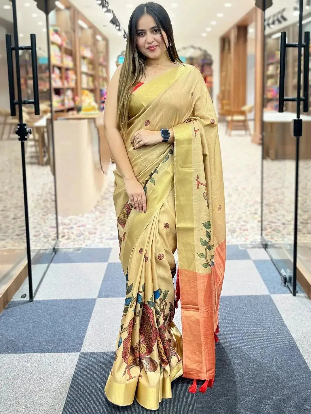 Incredible Pen Kalamkari Linen Tissue Soft Saree