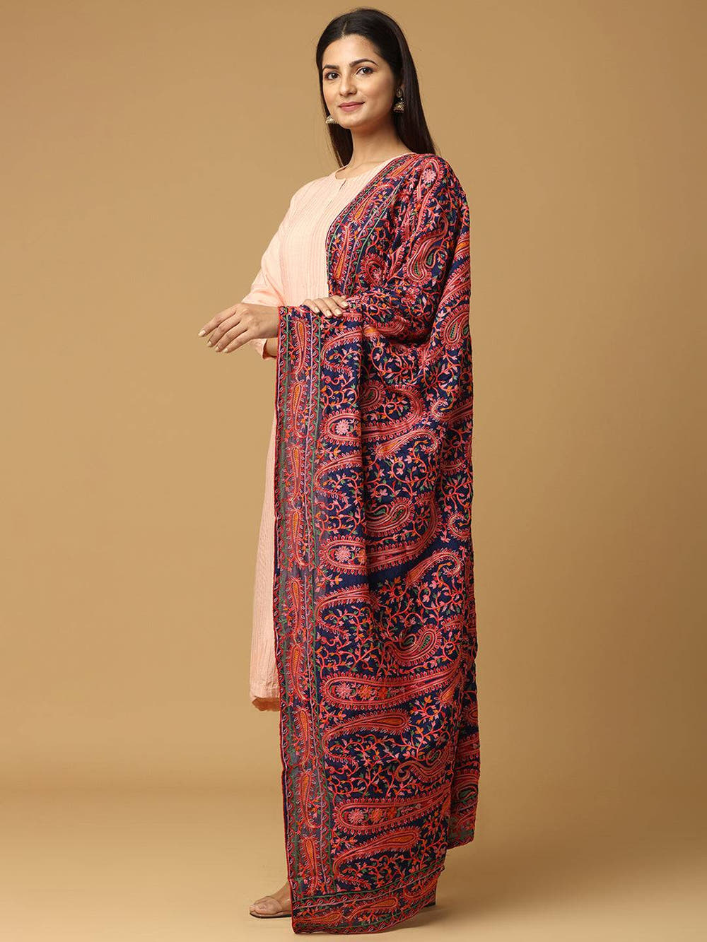 Navy Red Paisley Medallion Pashmina Dupatta
