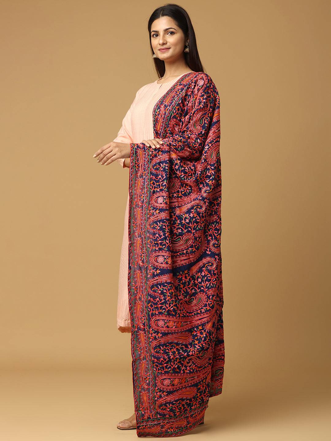 Navy Red Paisley Medallion Pashmina Dupatta