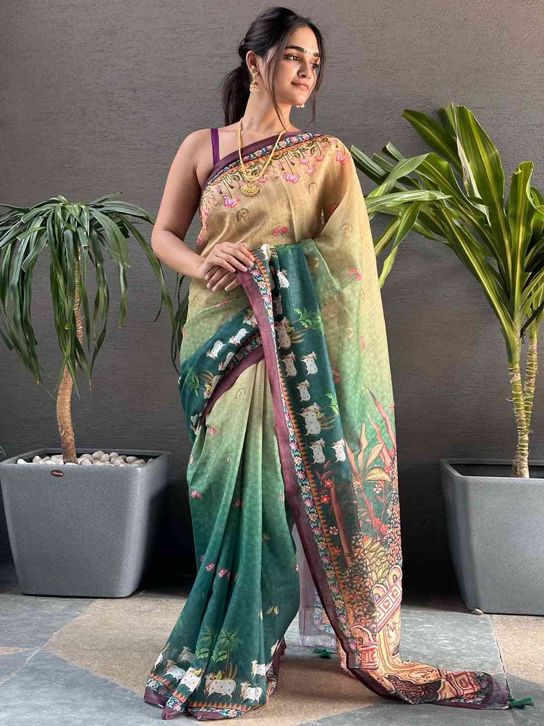 Soft Linen Ombre Pichwai Printed Green Colour Saree