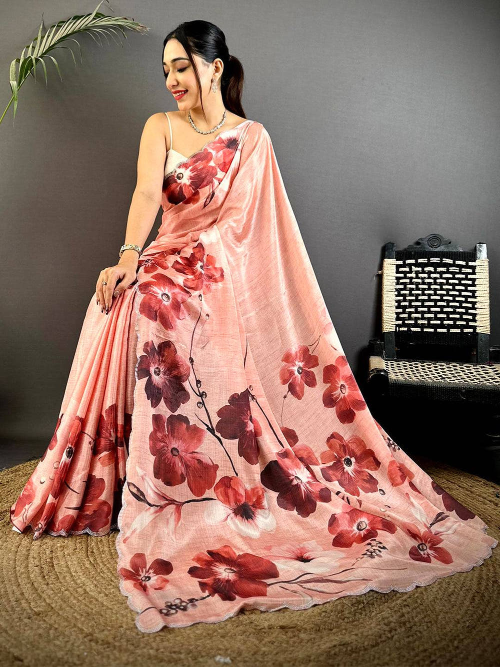 Pink Chinnon Stone Work Floral Saree