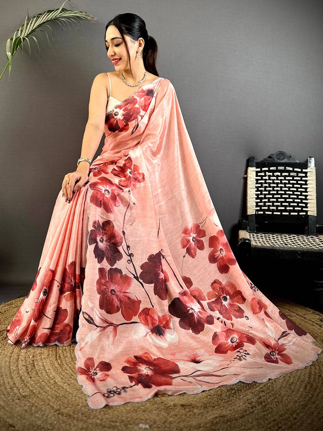 Pink Chinnon Stone Work Floral Saree