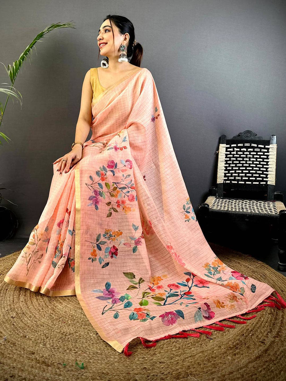 Peach Linen Chex Floral  Saree
