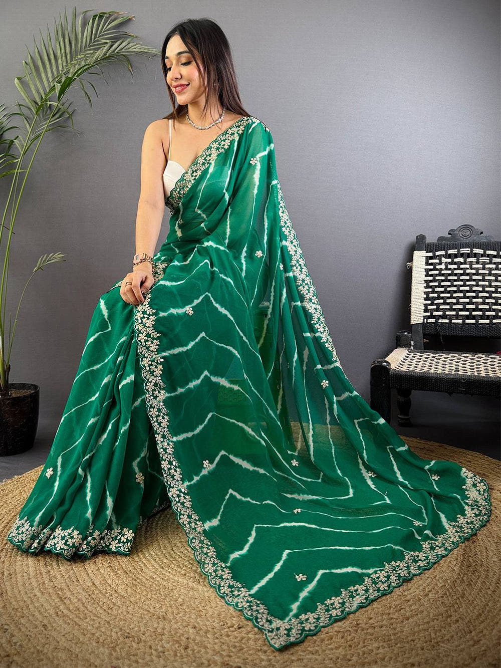 Green Soft Georgette Leheriya Print Saree