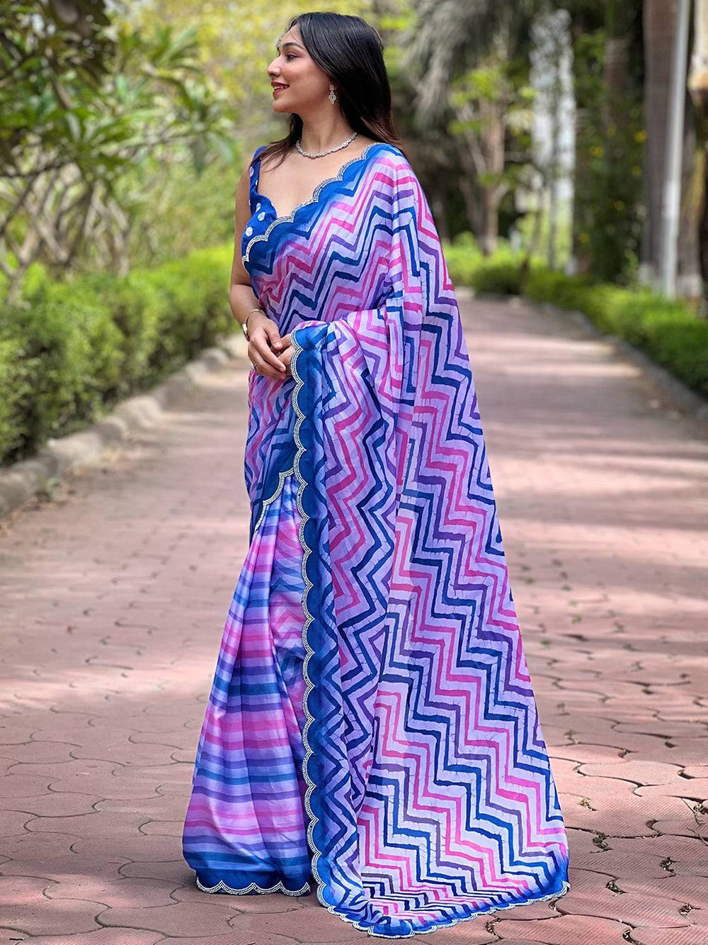 Stylish Leheriya And Striped Print Saree