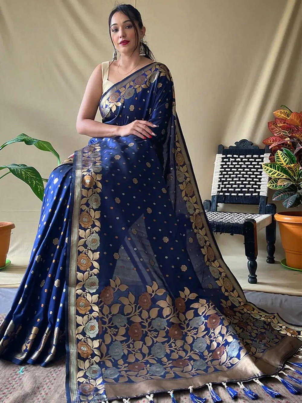Navy Blue Colour Banarasi Silk Zari Woven Saree