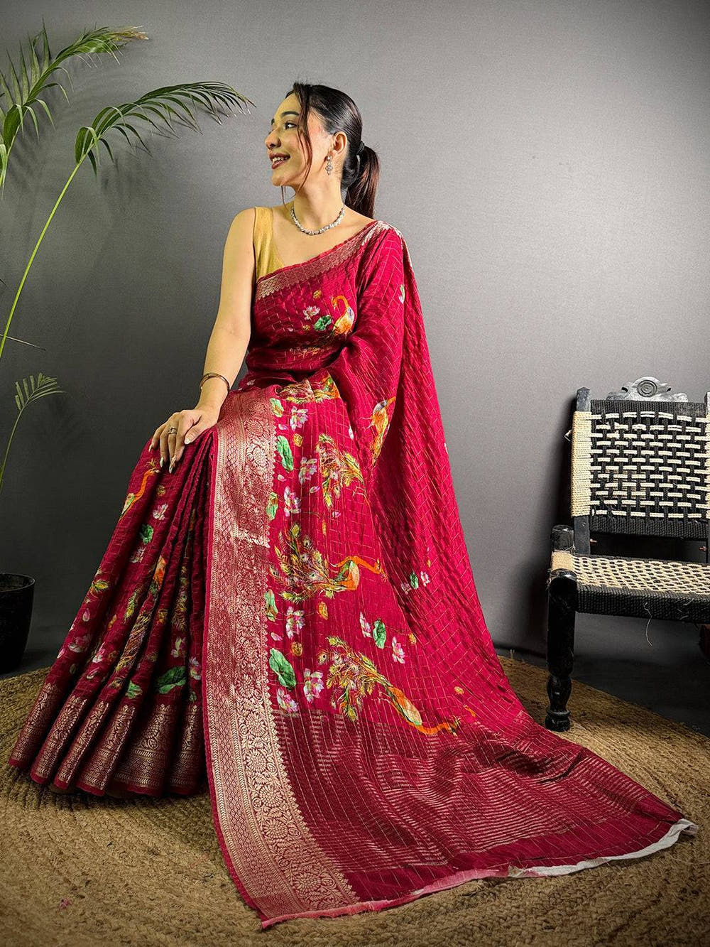 Rose Pink Pure Viscose Kalalmkari Print Saree