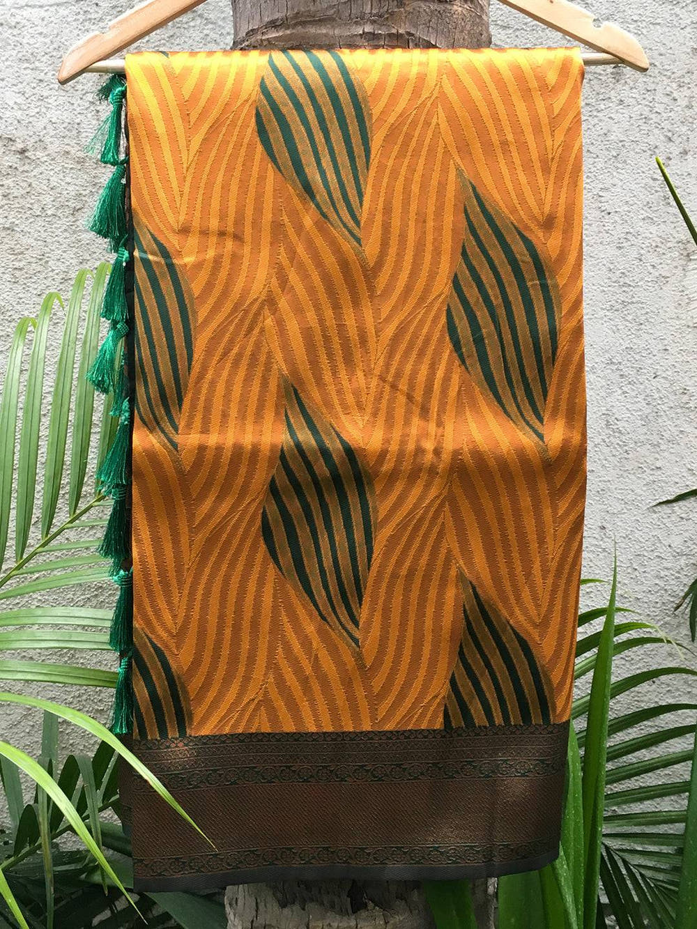 Mustard Tussar Silk Zari Weaving Ikkat Saree