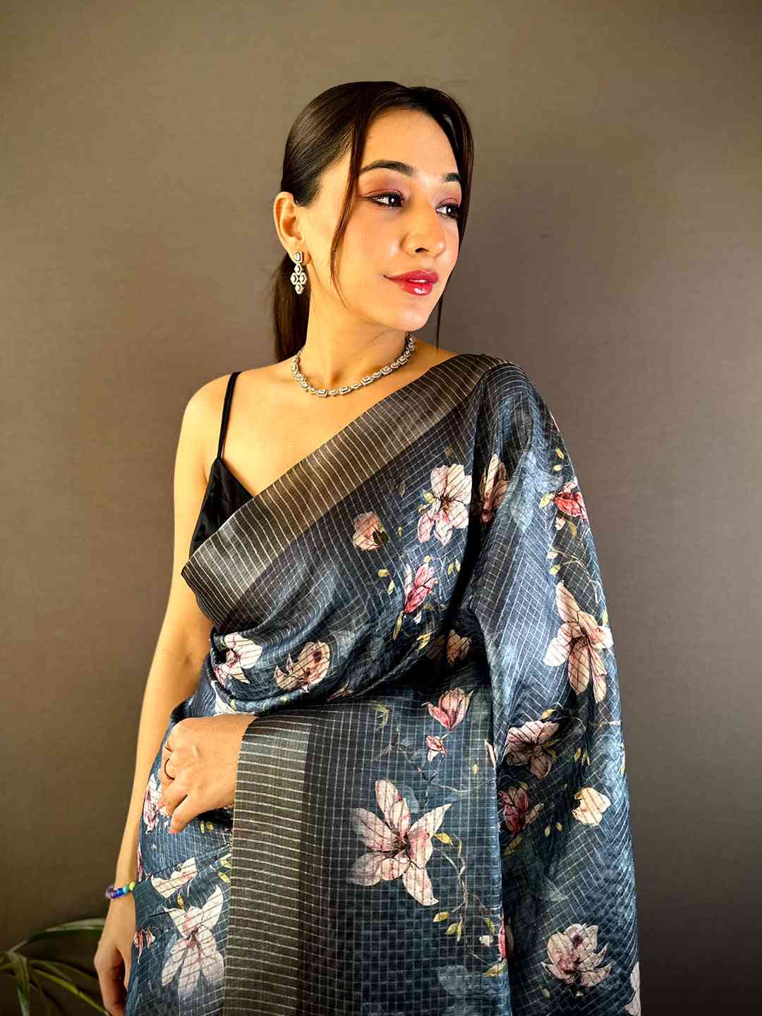 Steel Blue Tissue Chanderi Digital Check Saree