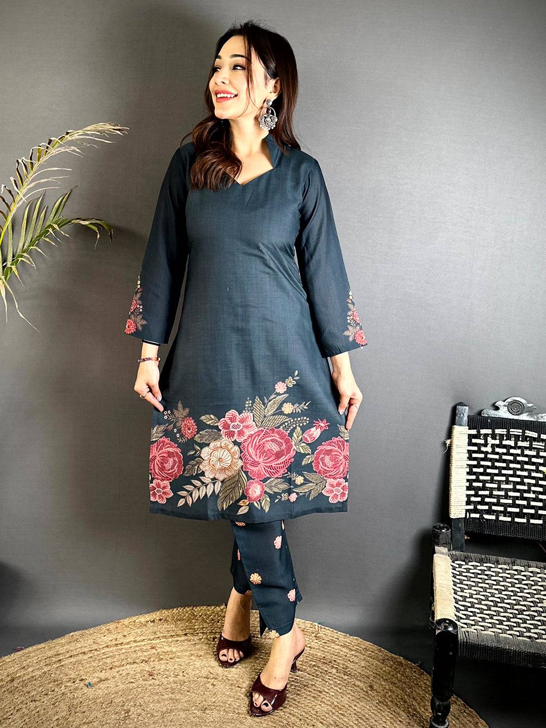 Diamond Neck Floral Mul  Kurti