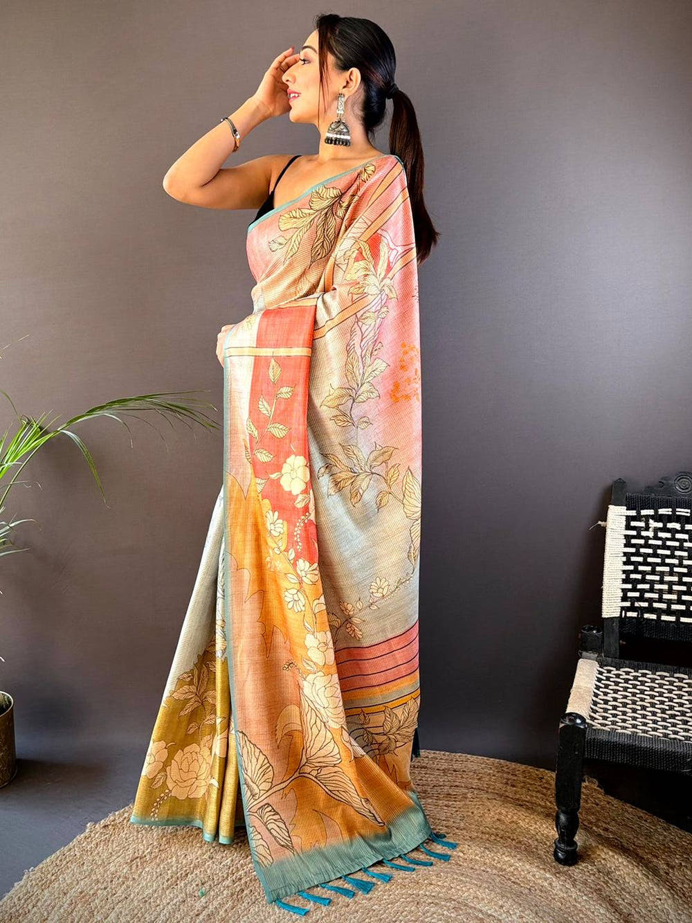 Rama Abstract Floral Zari Tussar Saree