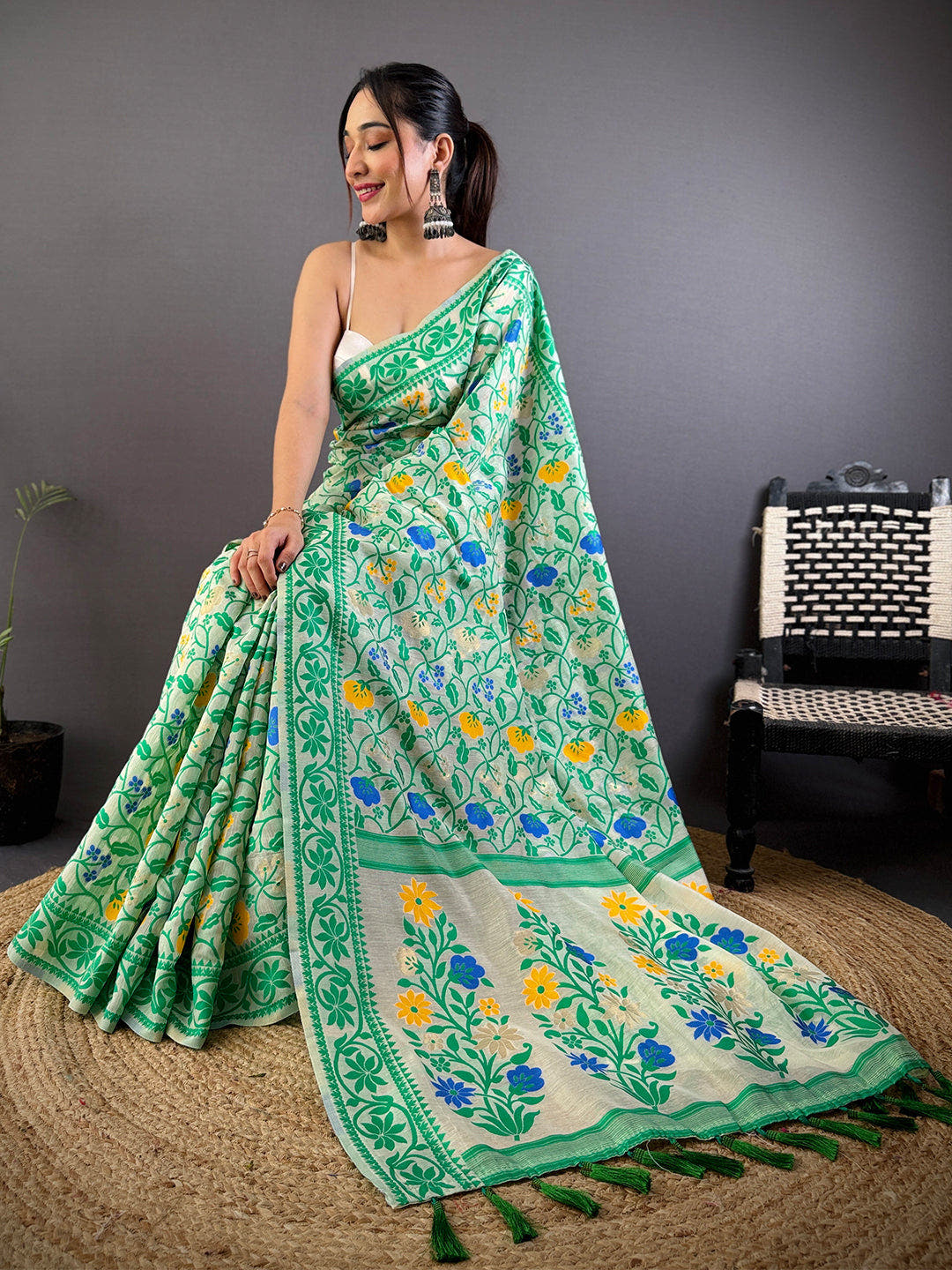 Green Dhakai Jamdani Cotton Silk Saree