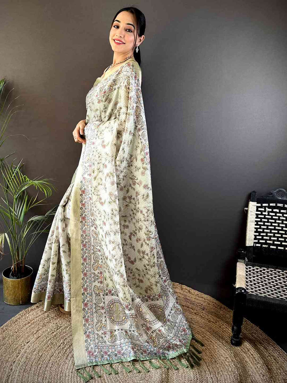 Sage Green Chanderi Madhubani Black Chex Saree