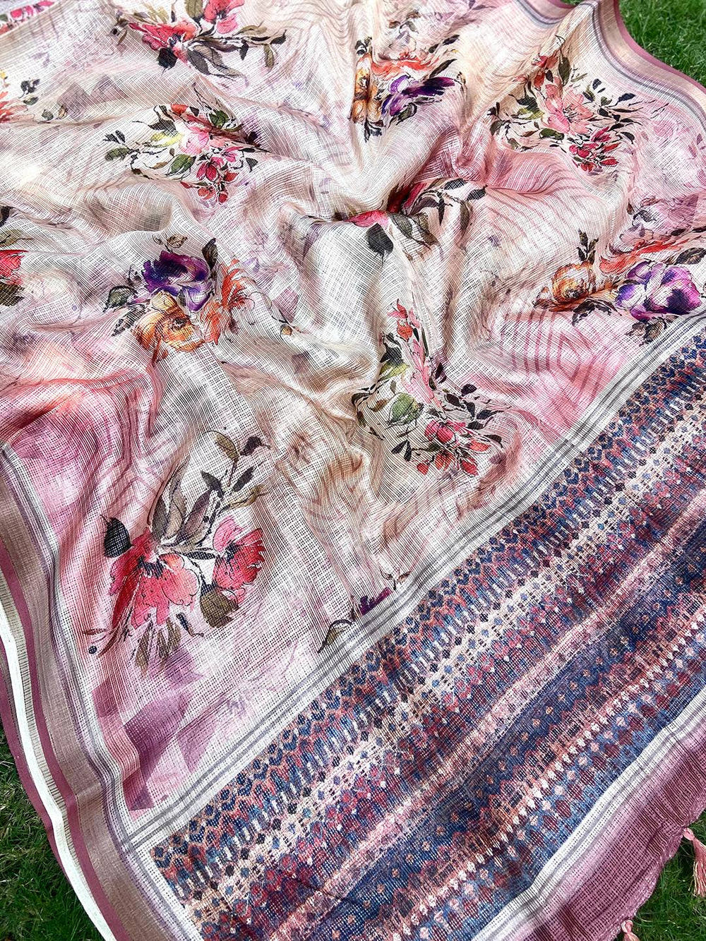 Traditional Cream Colour Soft Kota Doriya Silk Saree With Flower Print