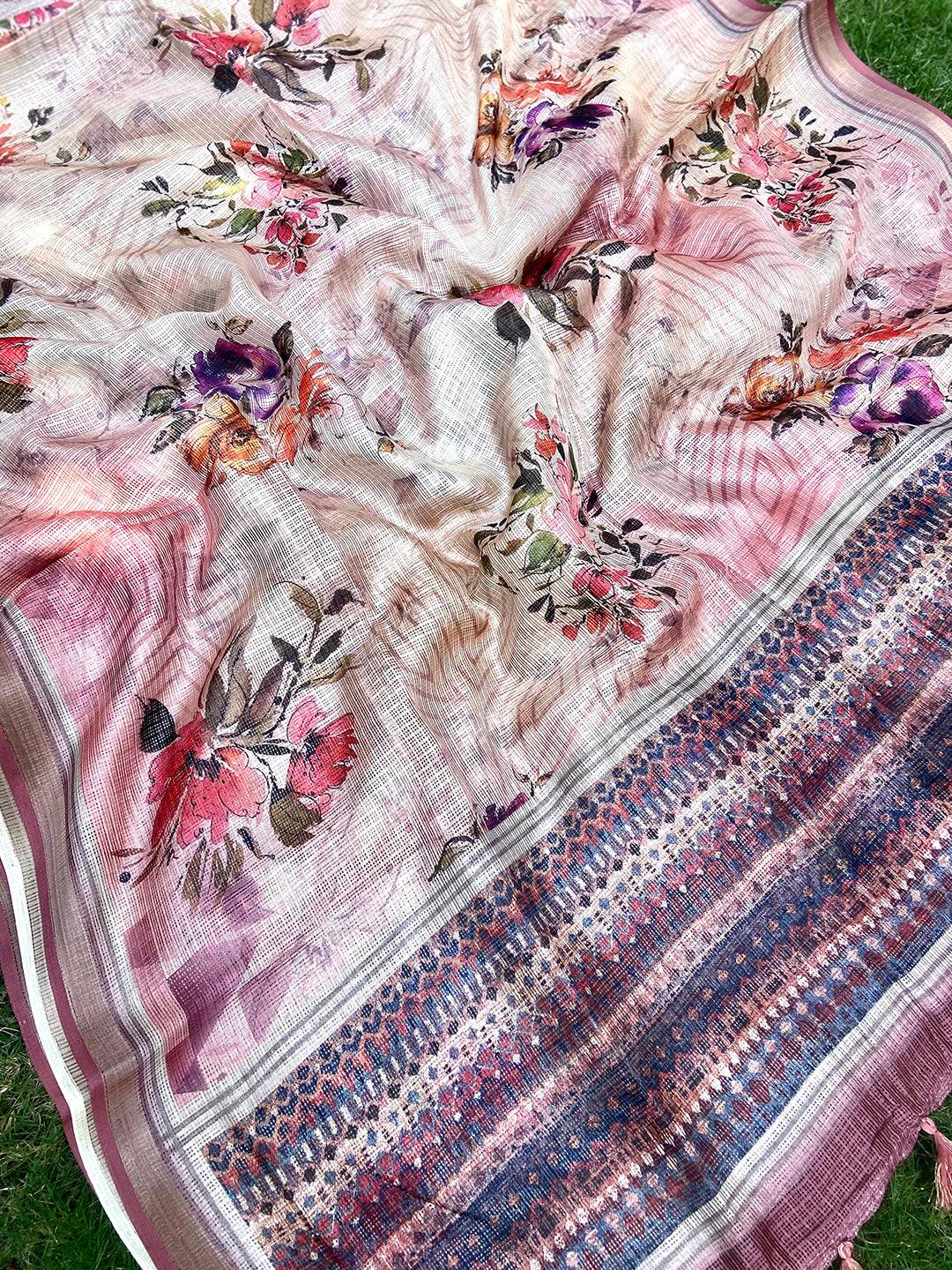 Traditional Cream Colour Soft Kota Doriya Silk Saree With Flower Print