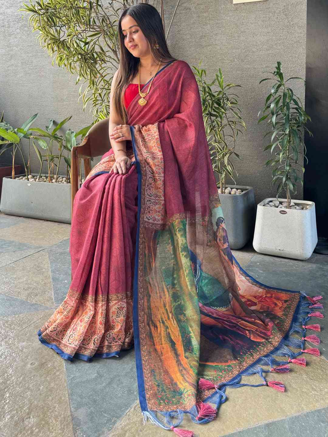 Burgundy Colour Ikkat Print Saree With kalamkari Block Print Design