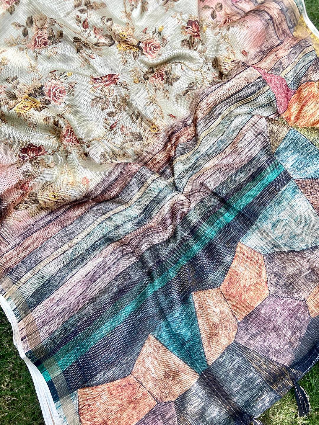 Beige Colour Soft Kota Doriya Silk Saree With Flower & abstect Prints