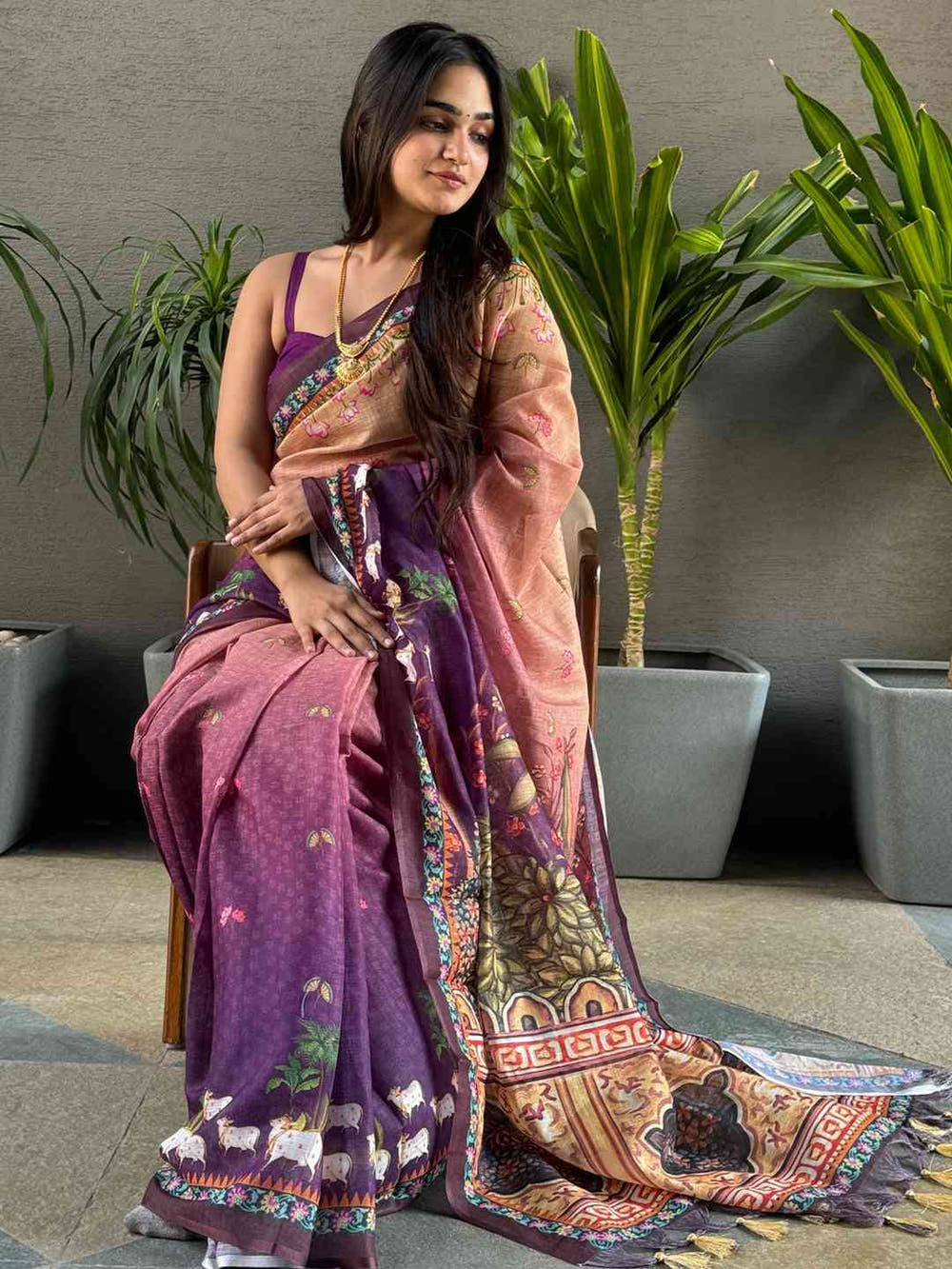 Soft Linen Ombre Pichwai Printed Purple Colour Saree