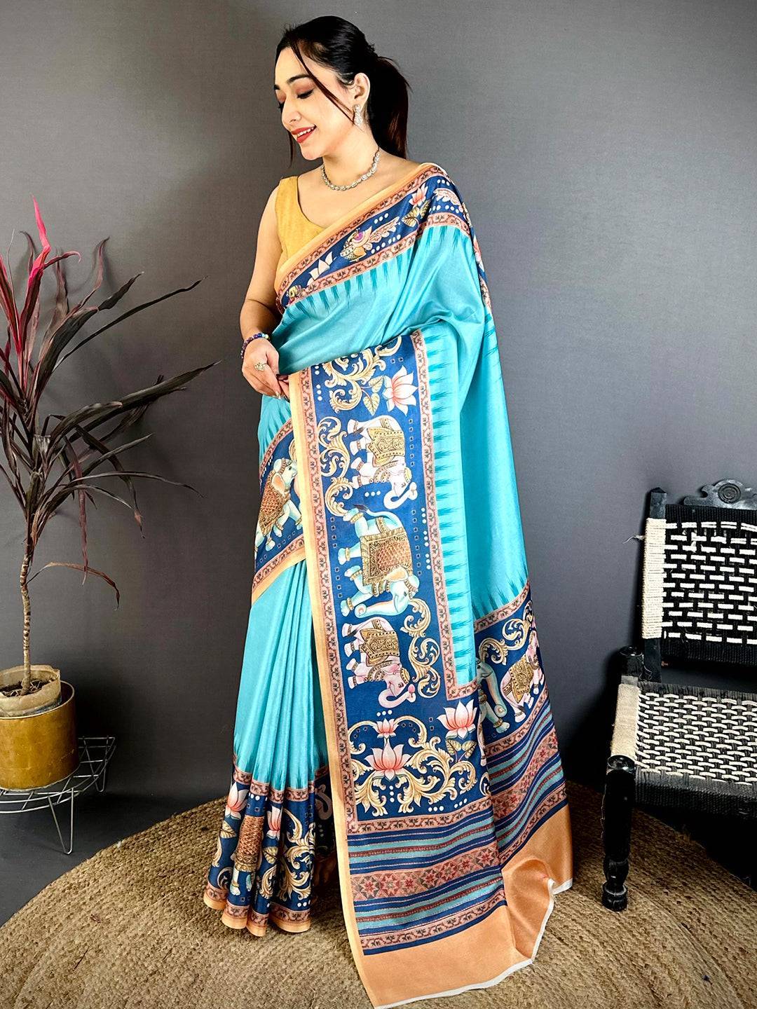 Aqua Tanjore Elephant Tussar Saree