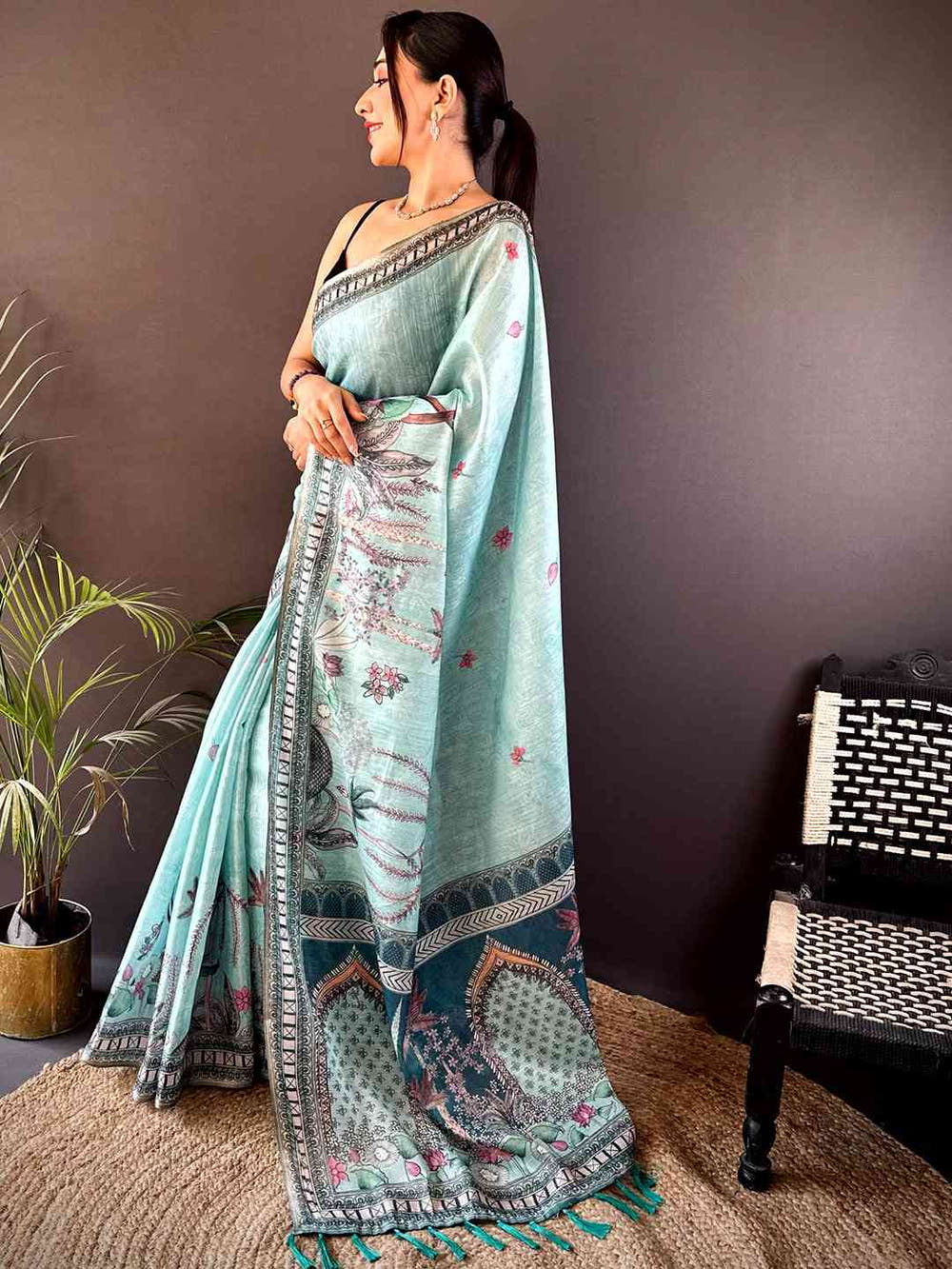 Sky Blue Tissue Floral Leaf Print Saree