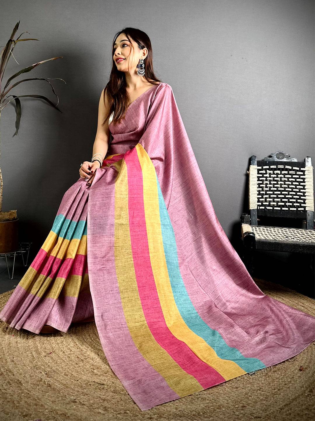 Vibrant Ghicha Stripe Digital Tussar Saree