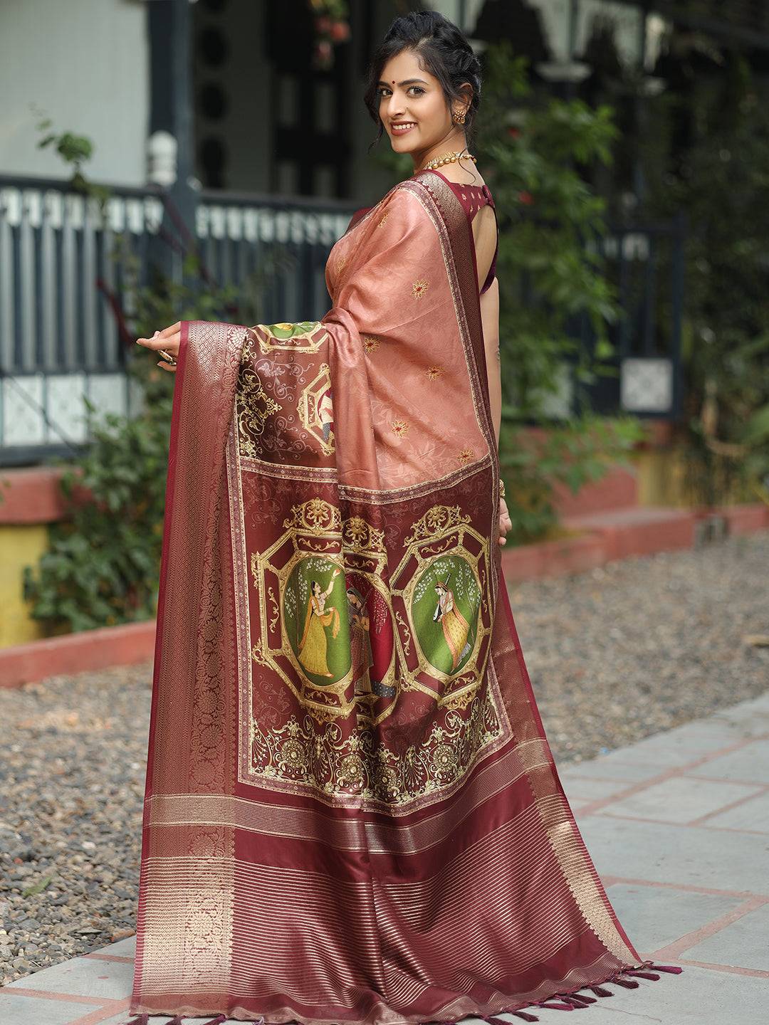 Pure Viscose Dola Silk Saree With Zari Weaving Pallu In Peach Colour - Luxe