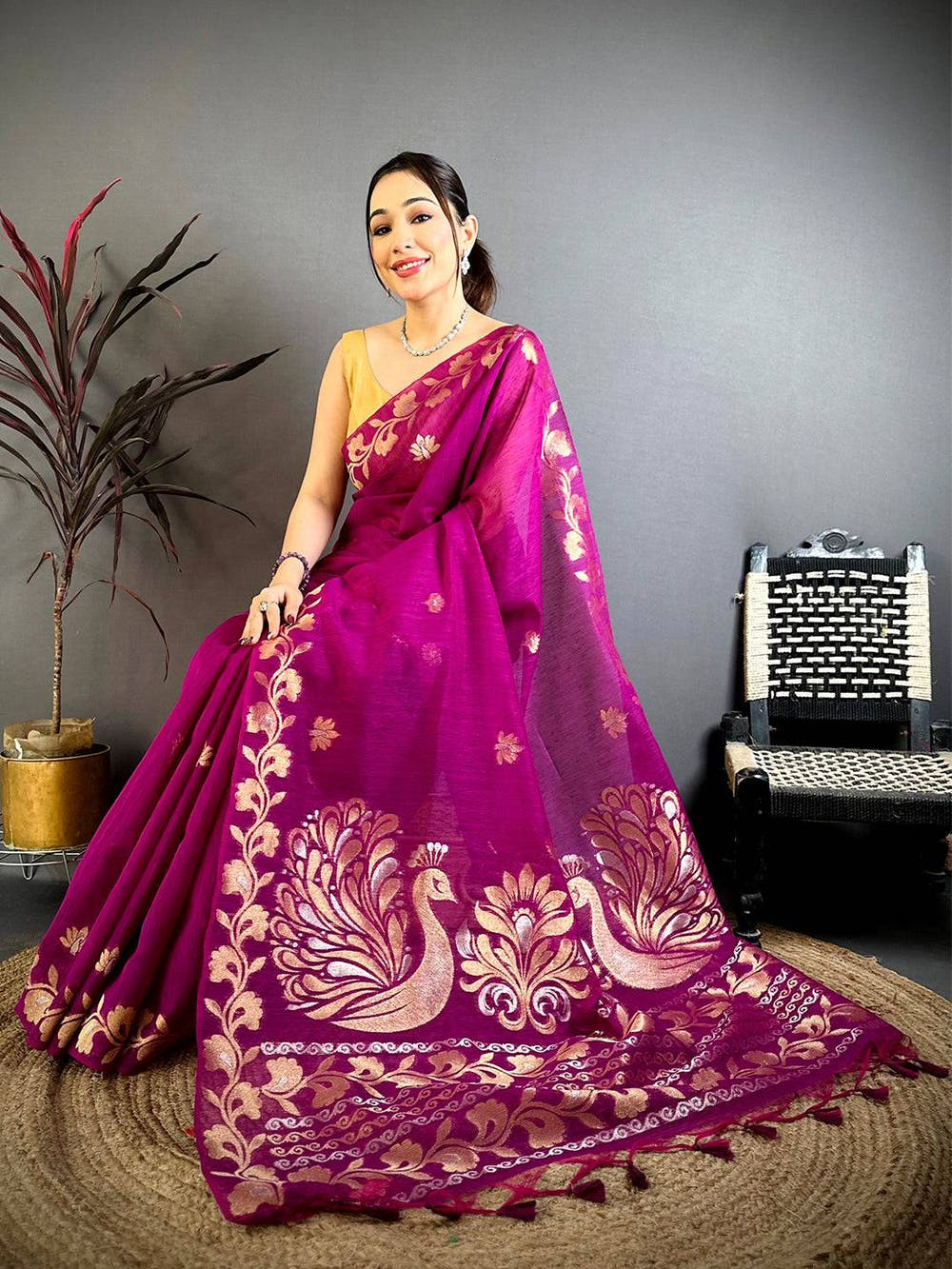 Wine Peacock Zari  Munga  Saree