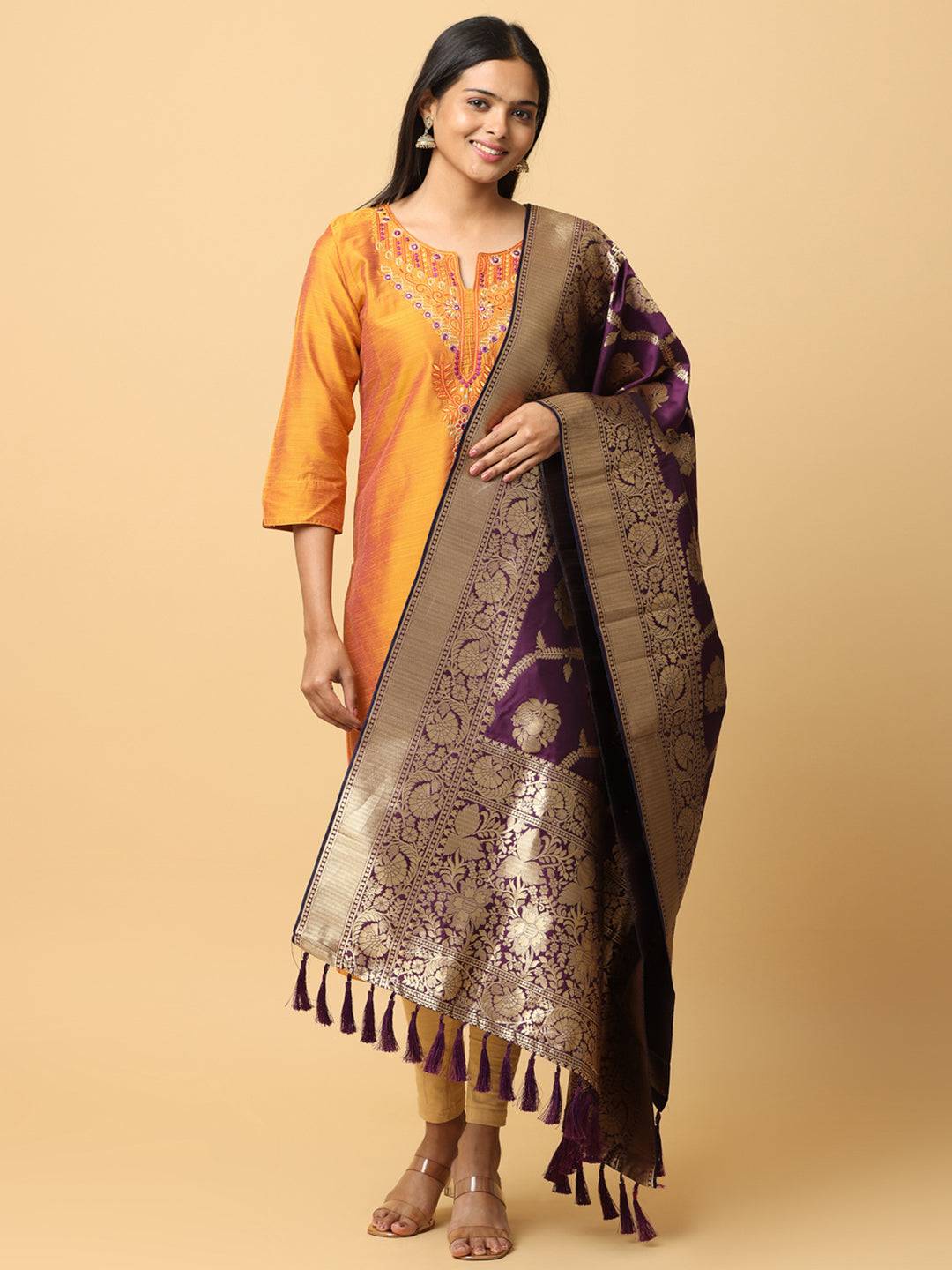 Wine Silk Blend Woven Design Dupatta