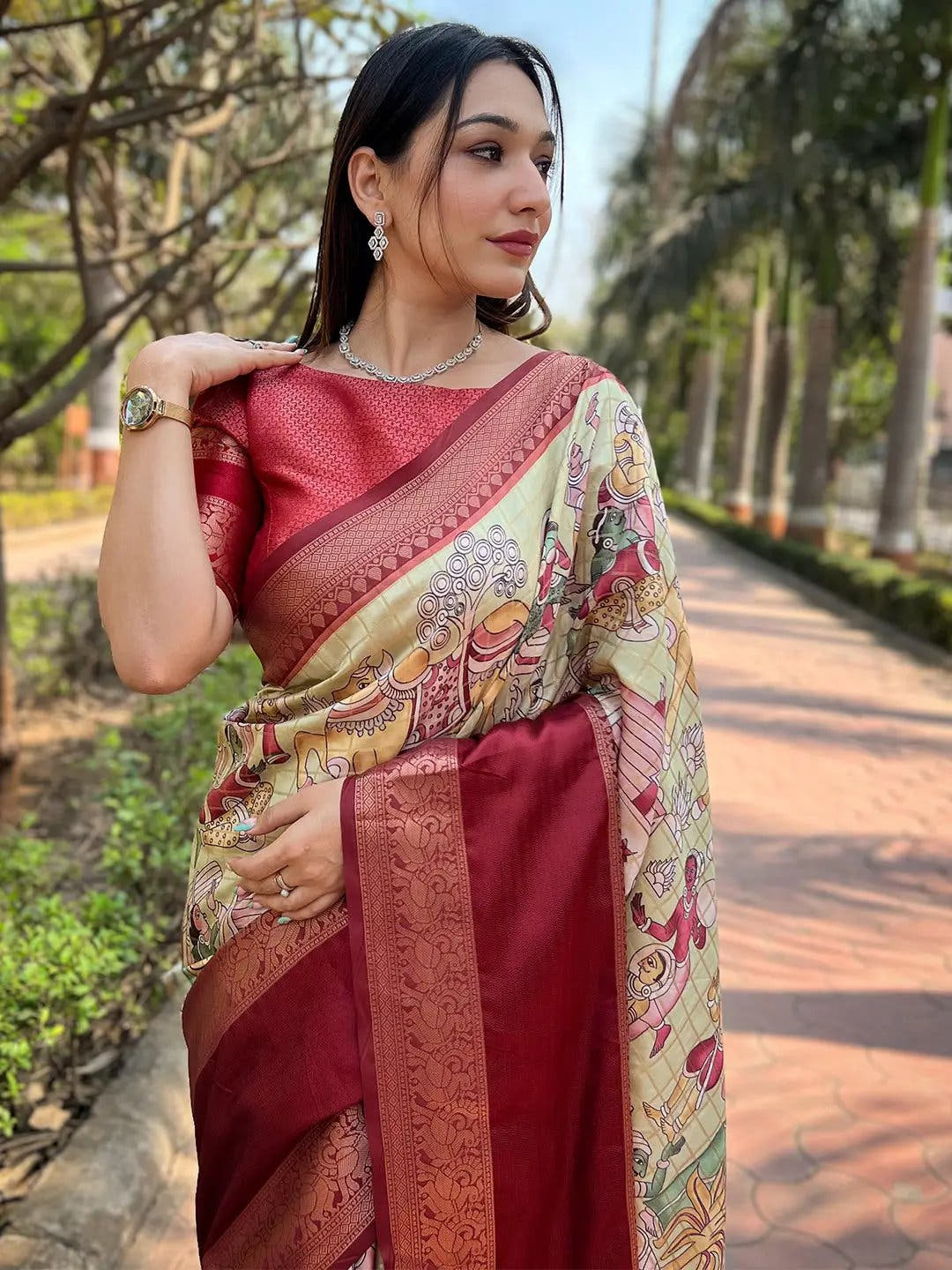 Pista Colour Double Border Chex Weaving Banarasi Soft Silk Saree
