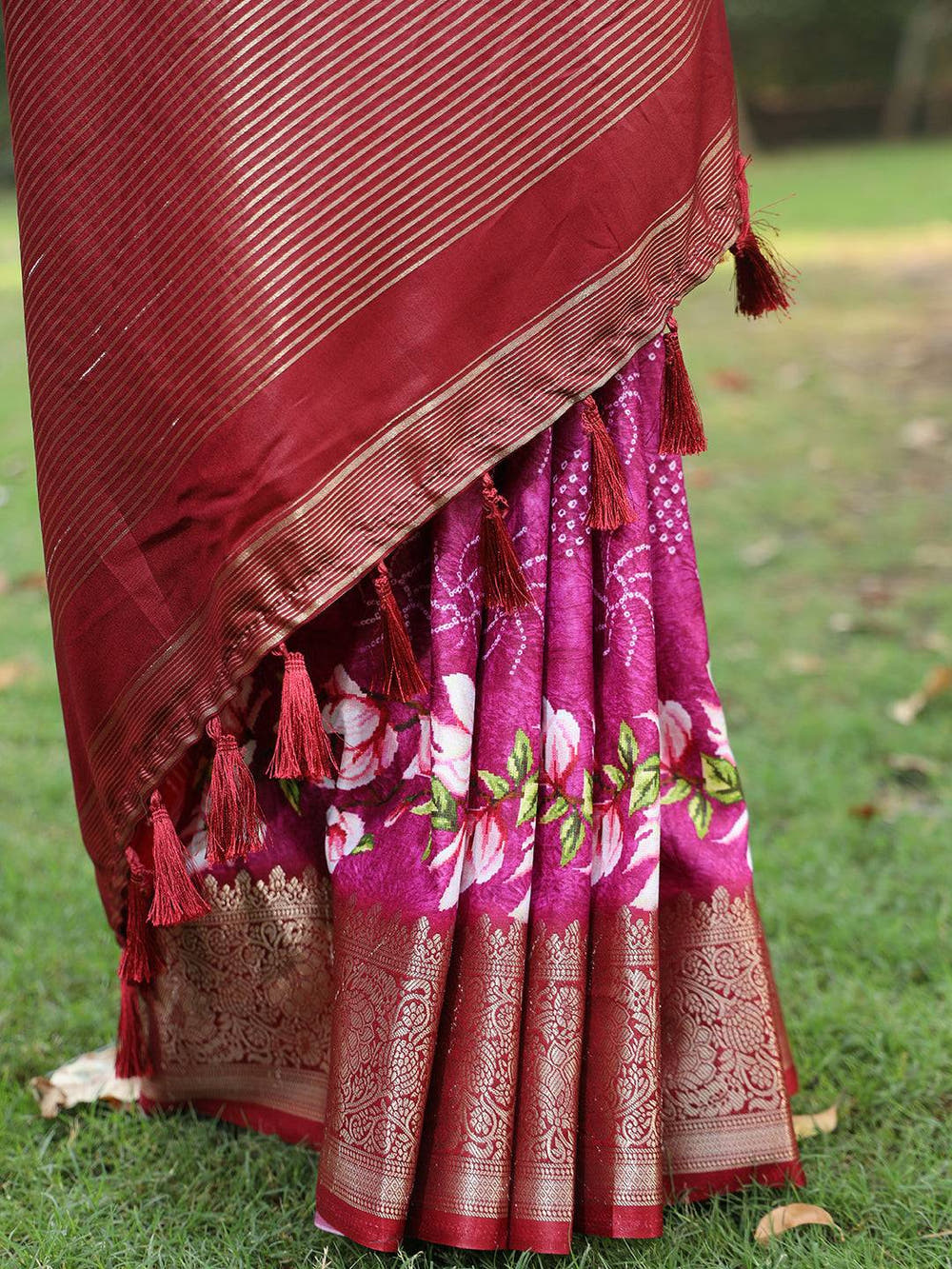 Magenta Pure Viscose Dola Silk Saree With Floral Print Border - Luxe
