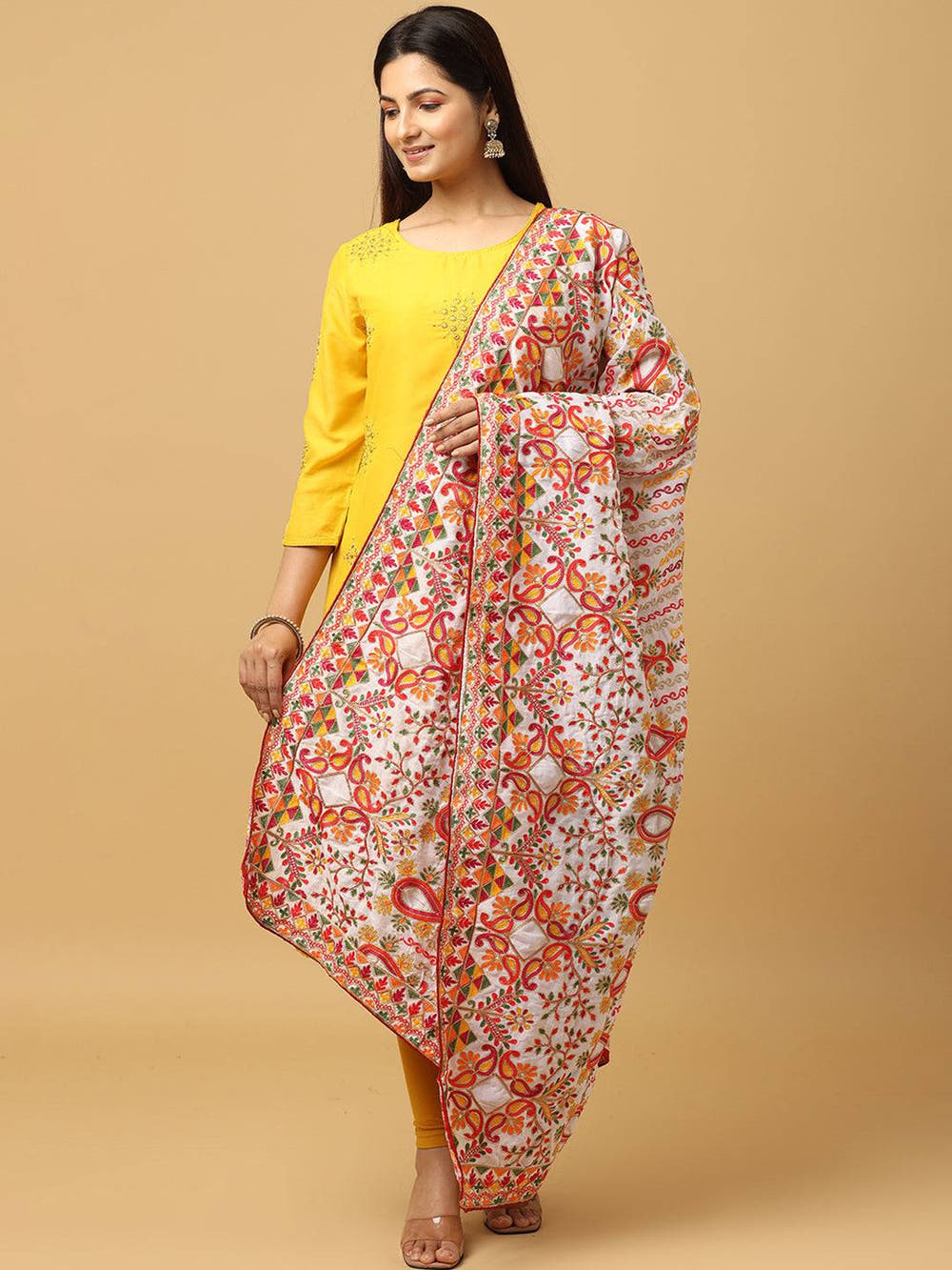 Ivory Orange Paisley Pashmina Dupatta