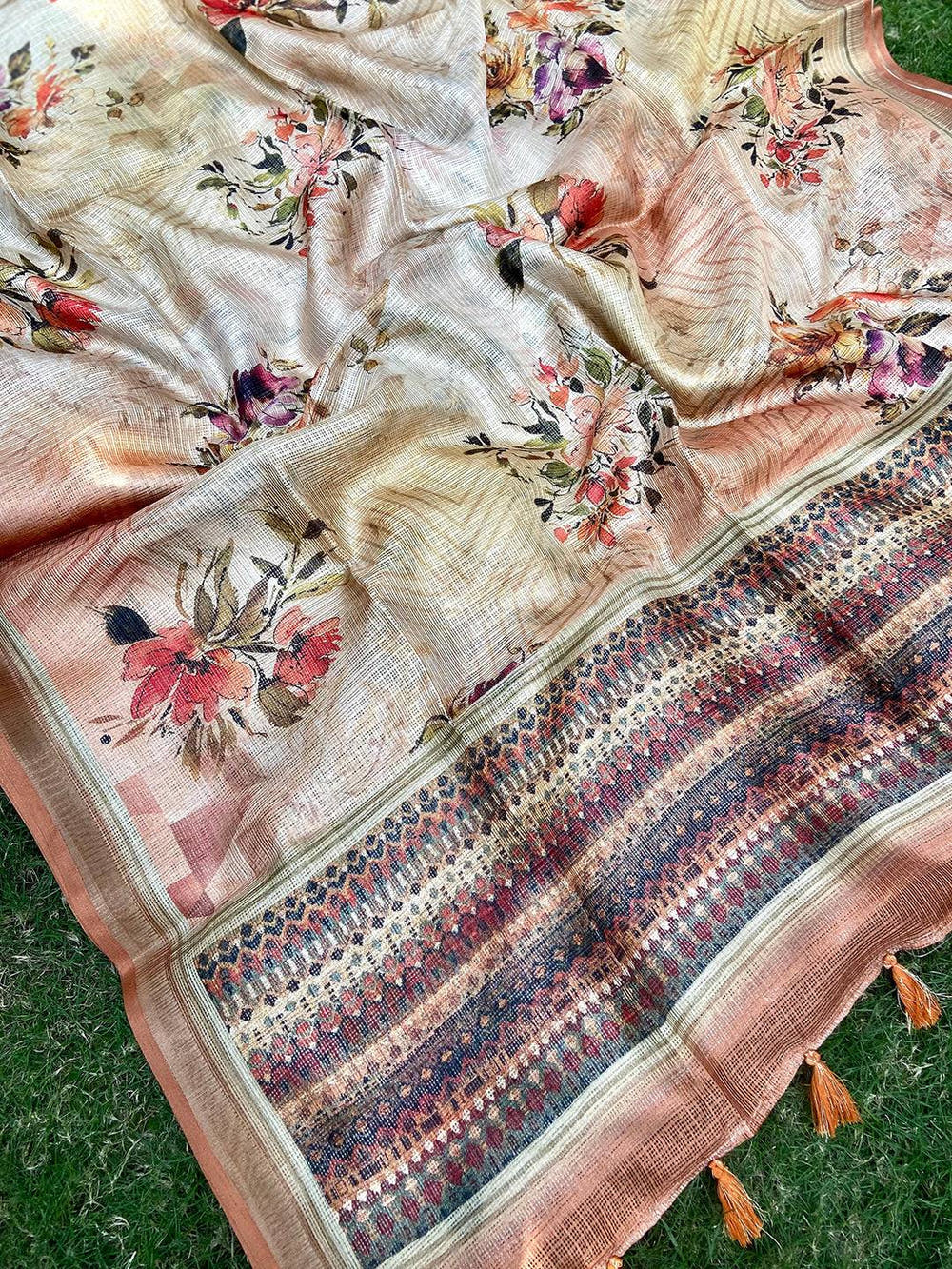 Traditional Peach Colour Soft Kota Doriya Silk Saree With Flower Print
