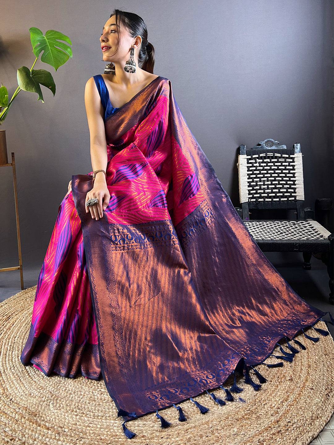 Rani Tussar Silk Zari Weaving Ikkat Saree