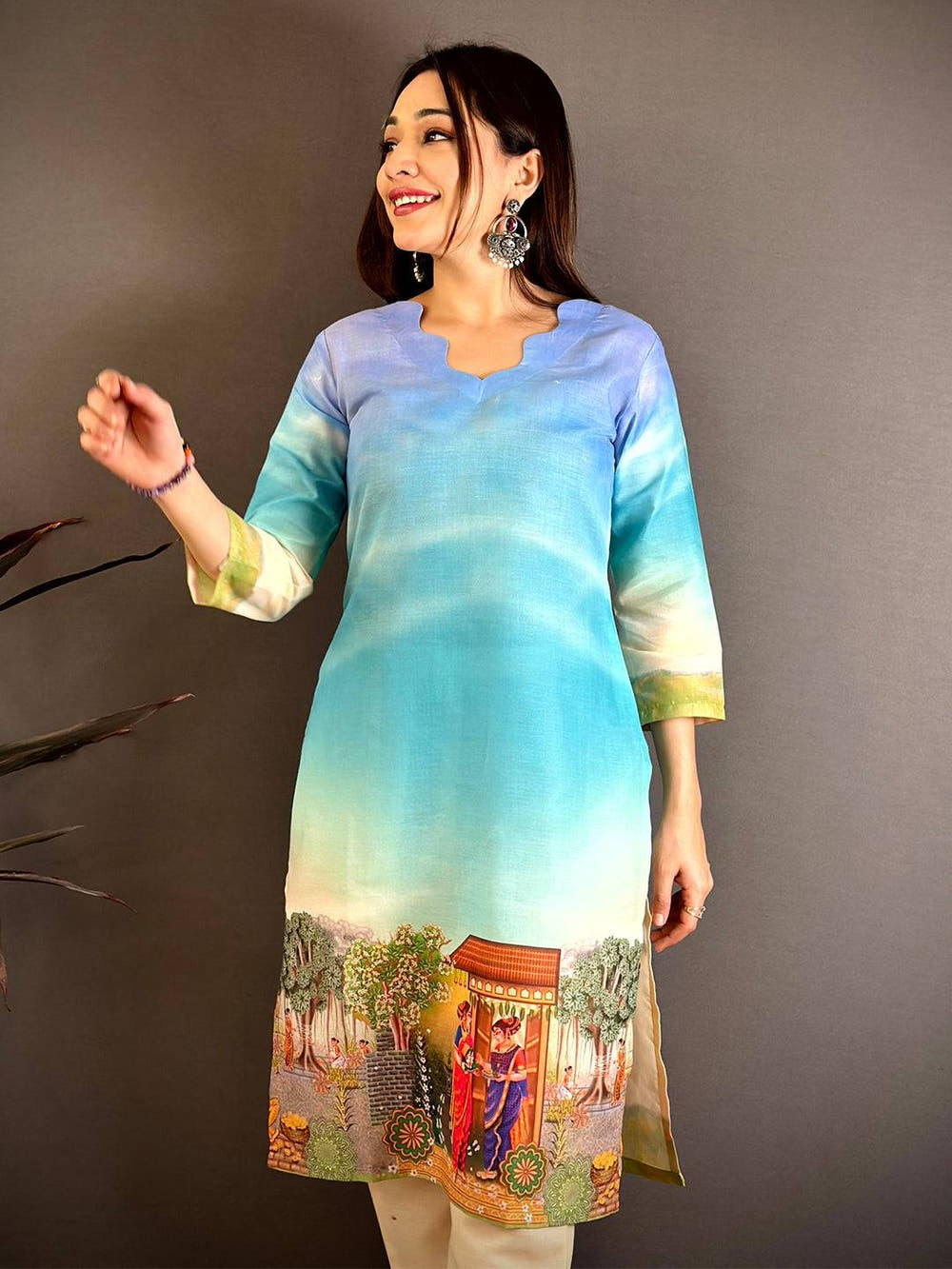 V  Wave  Neck  Mul  Cotton  Kurti