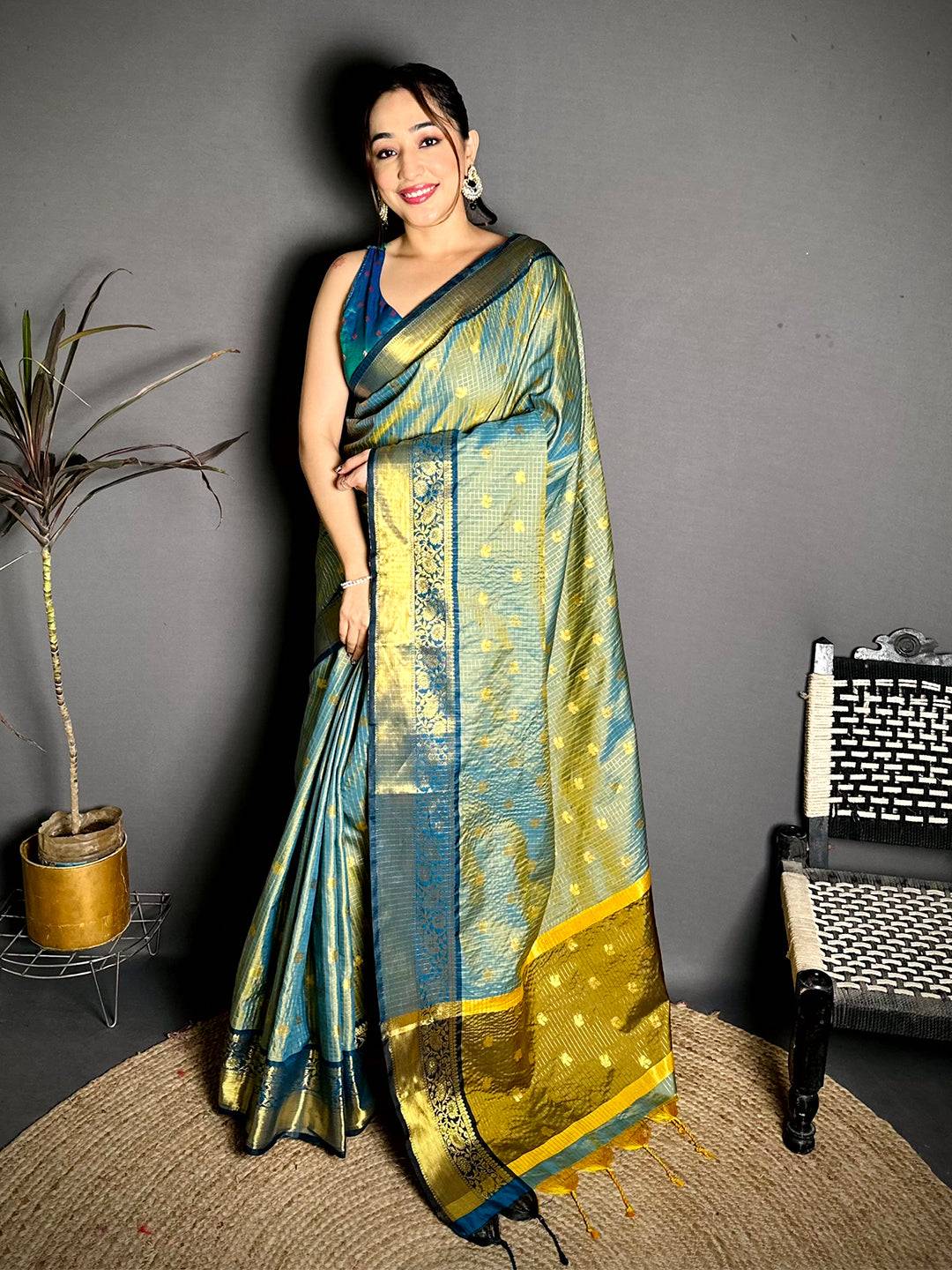 Radiance Self Gold Zari Chex Chitpallu Saree